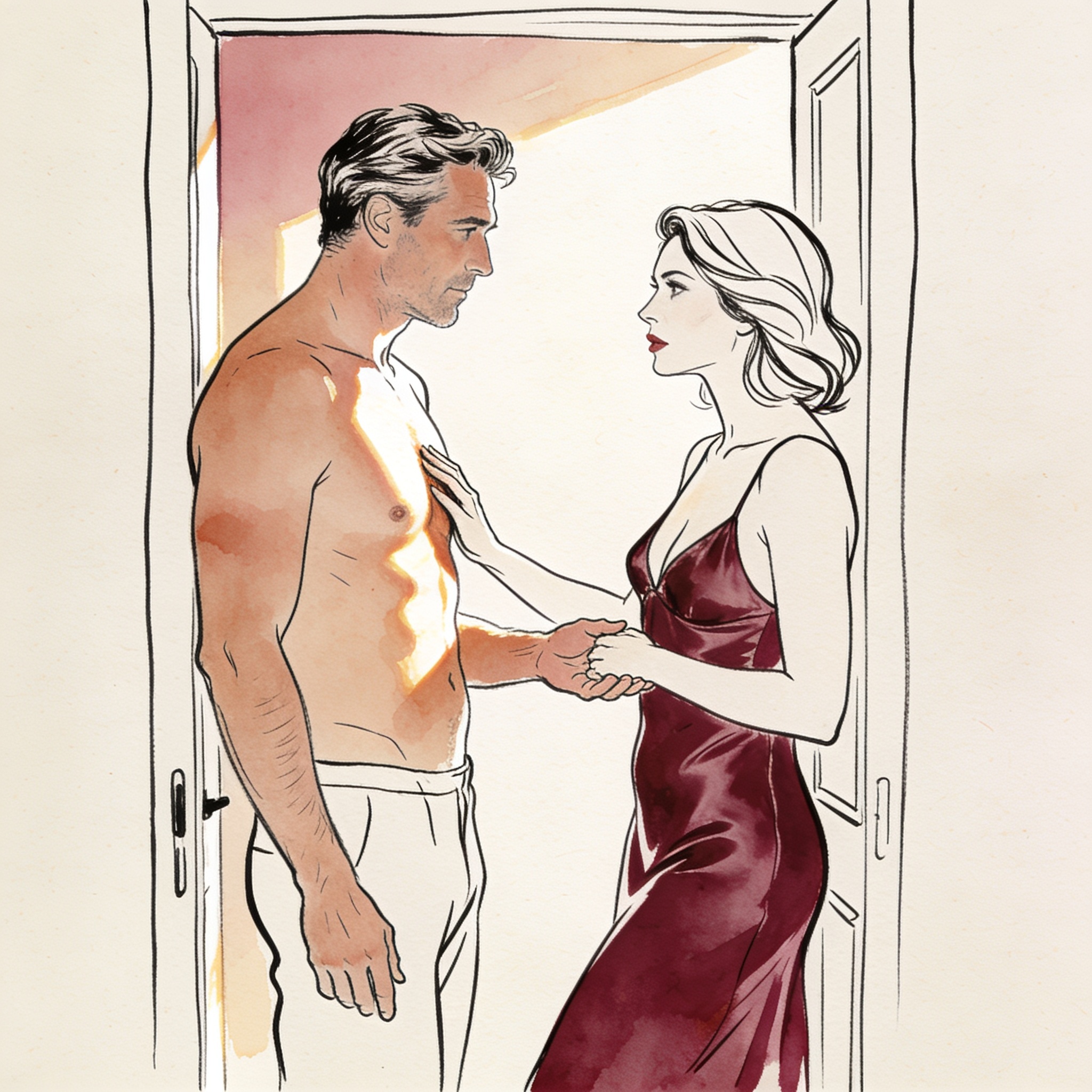 A shirtless athlete shakes hands with a woman whose intense gaze sweeps over his torso.