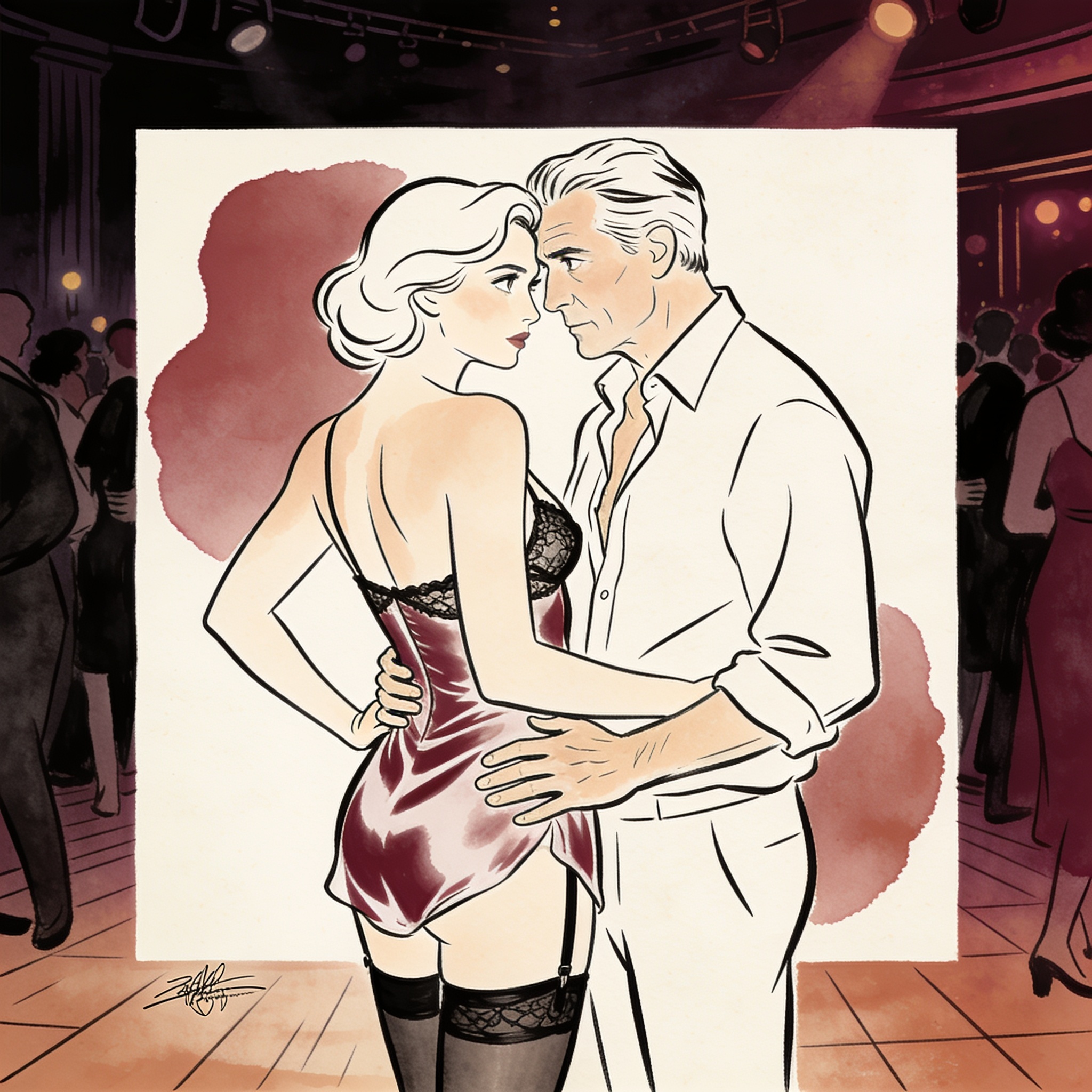 A woman in a sleek dress shares a charged glance across a crowded nightclub.