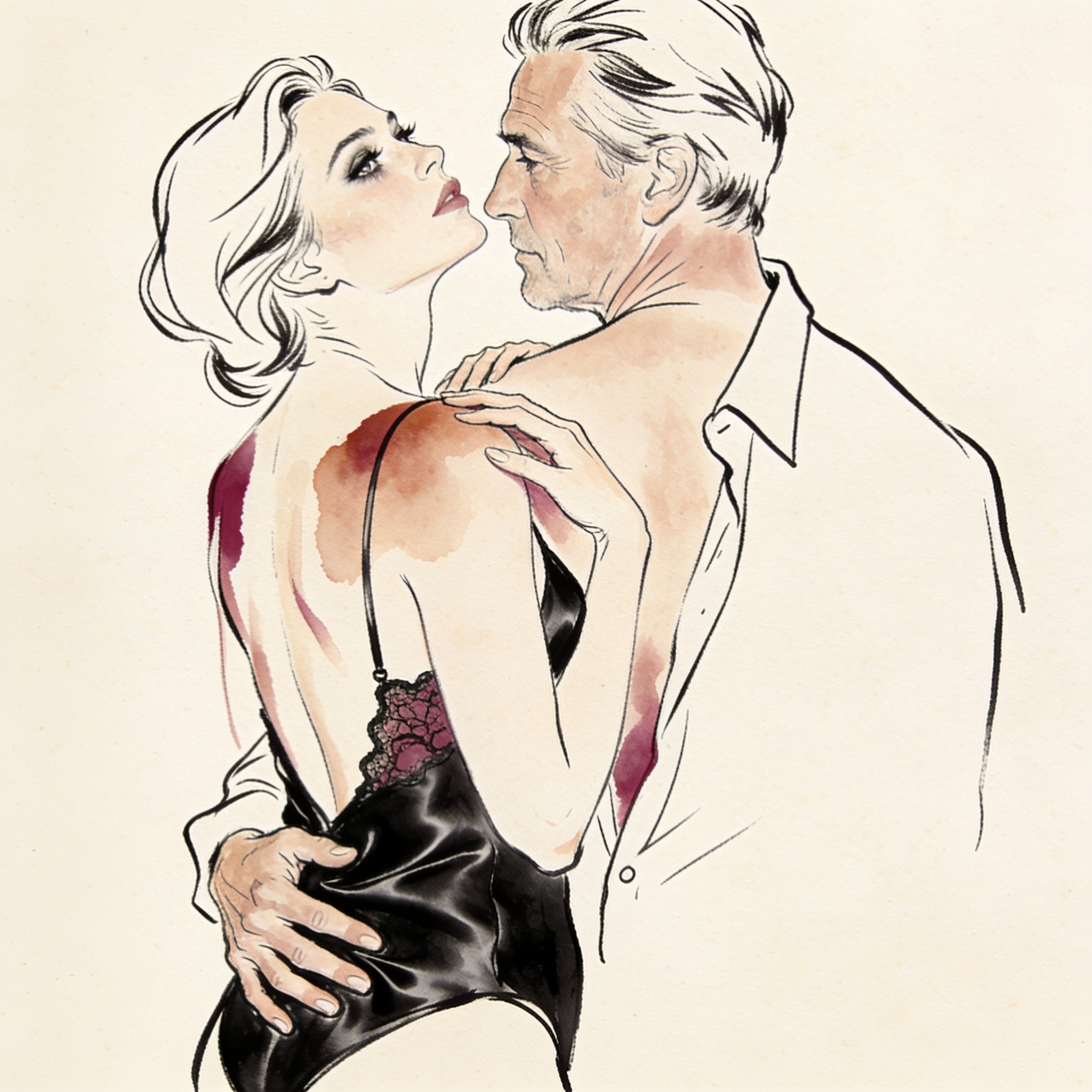 A couple embraces before a mirror; he touches her silk slip and bare shoulder as she lo...