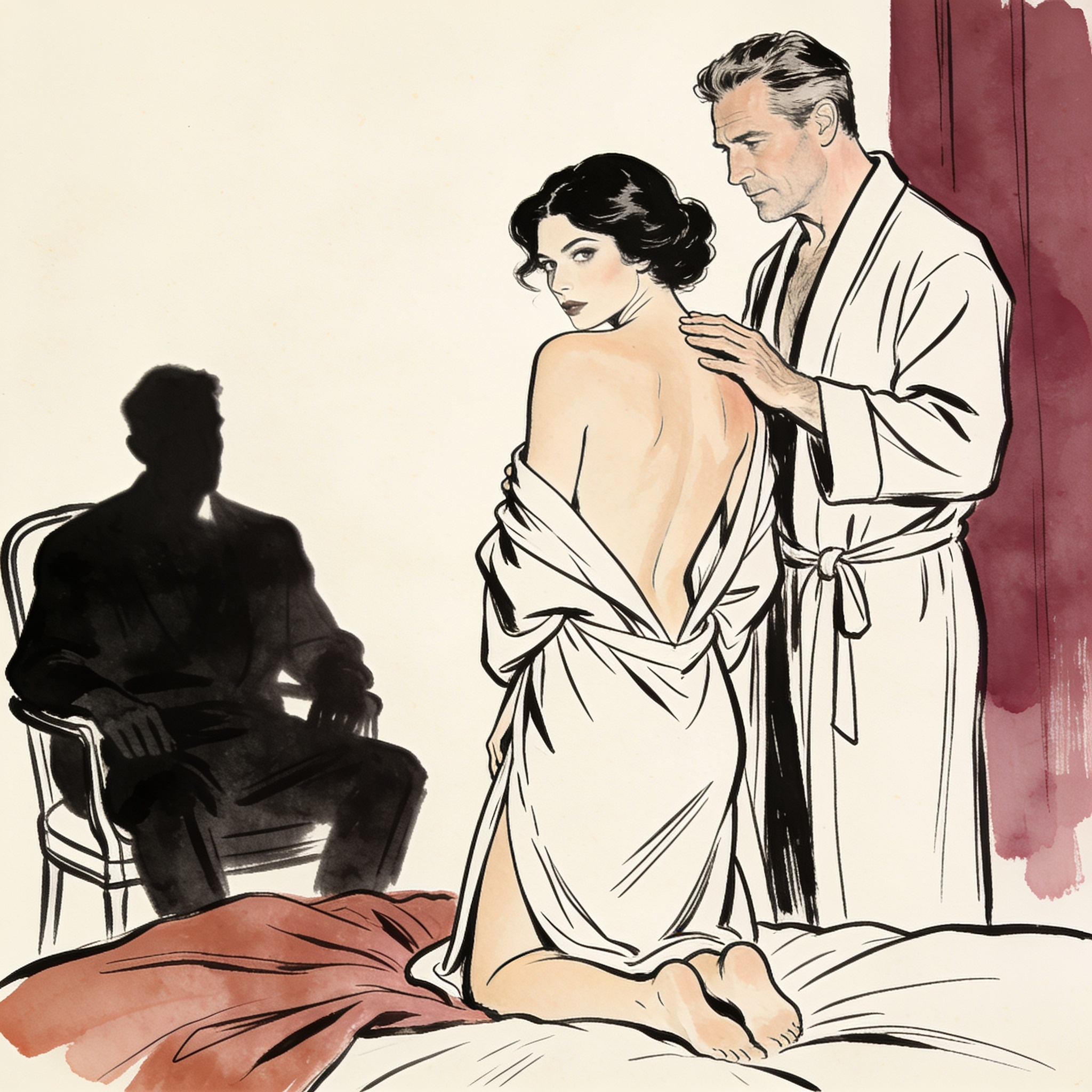 A woman in an open robe kneels on a bed, looking back at a man in shadows while another...