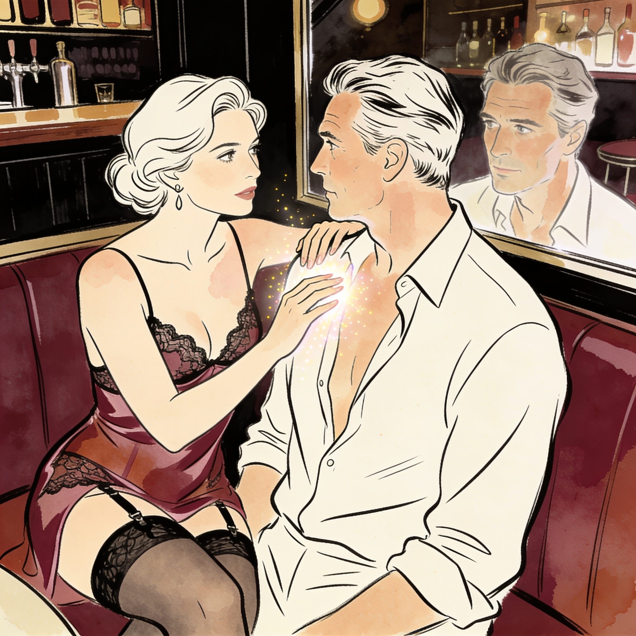A man’s reflection softens as a woman touches his shoulder, her hand shimmering with ma...