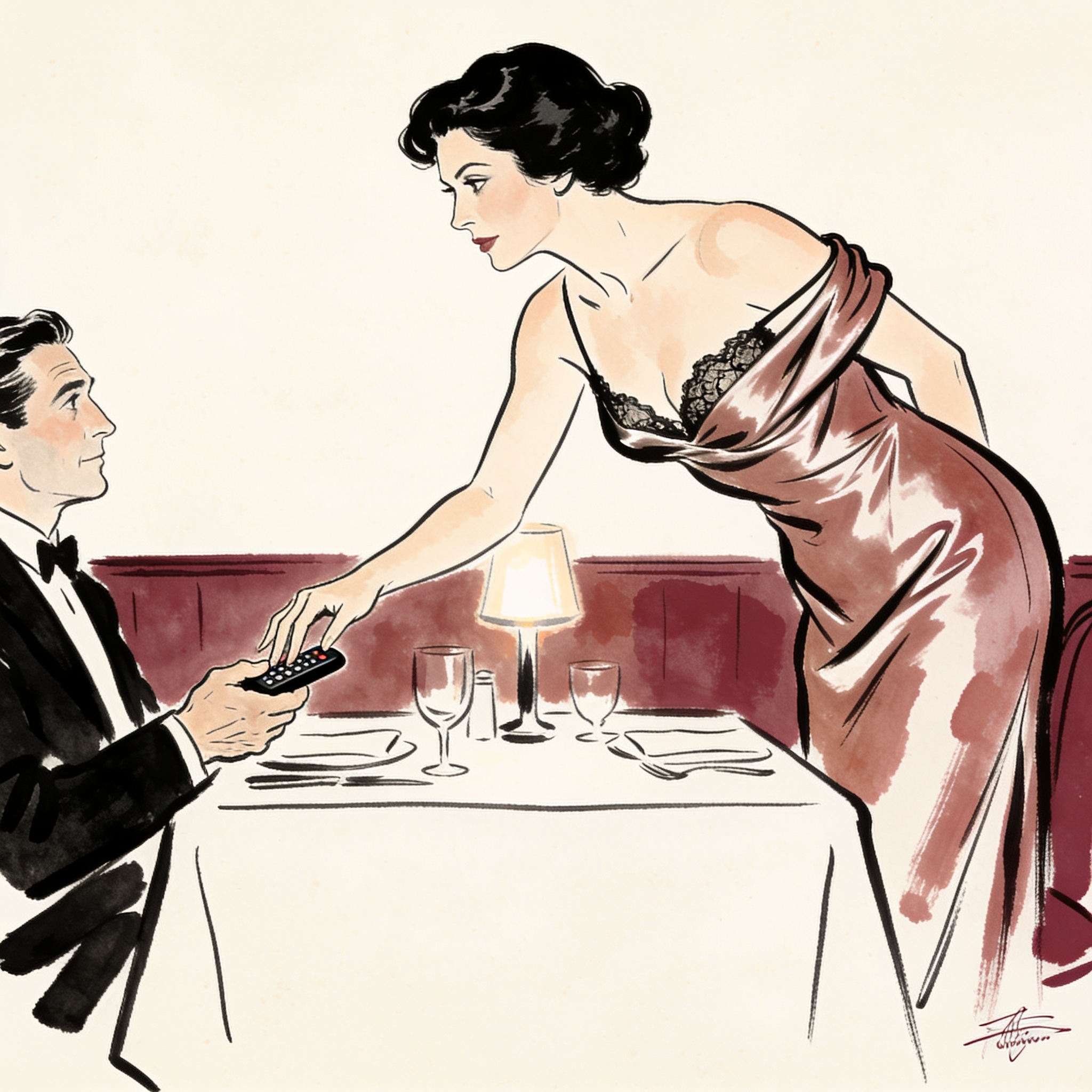 A woman passes a remote to her partner at a dinner table, their hands touching, her sho...