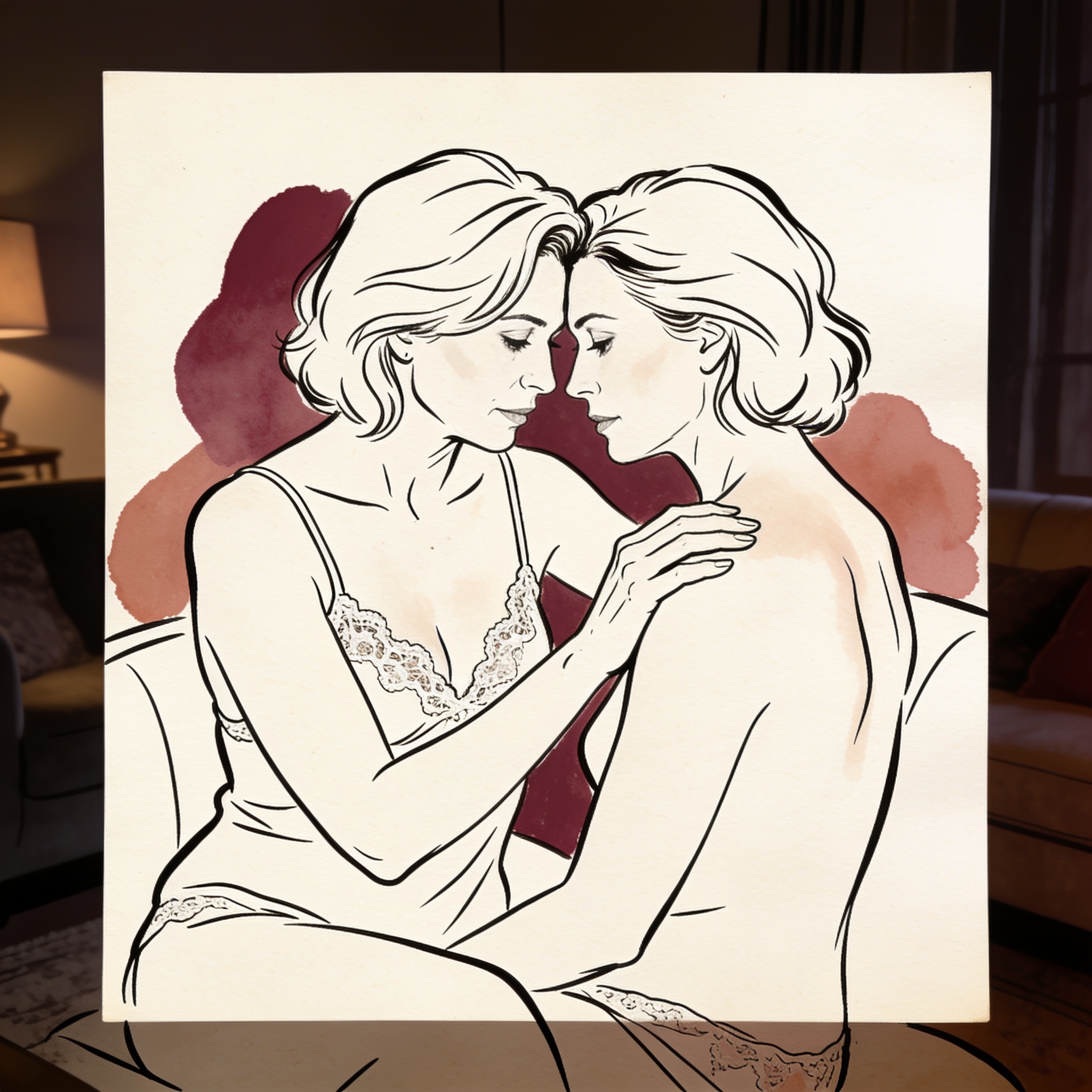 Two women in intimate moment, foreheads touching, one in lace camisole.