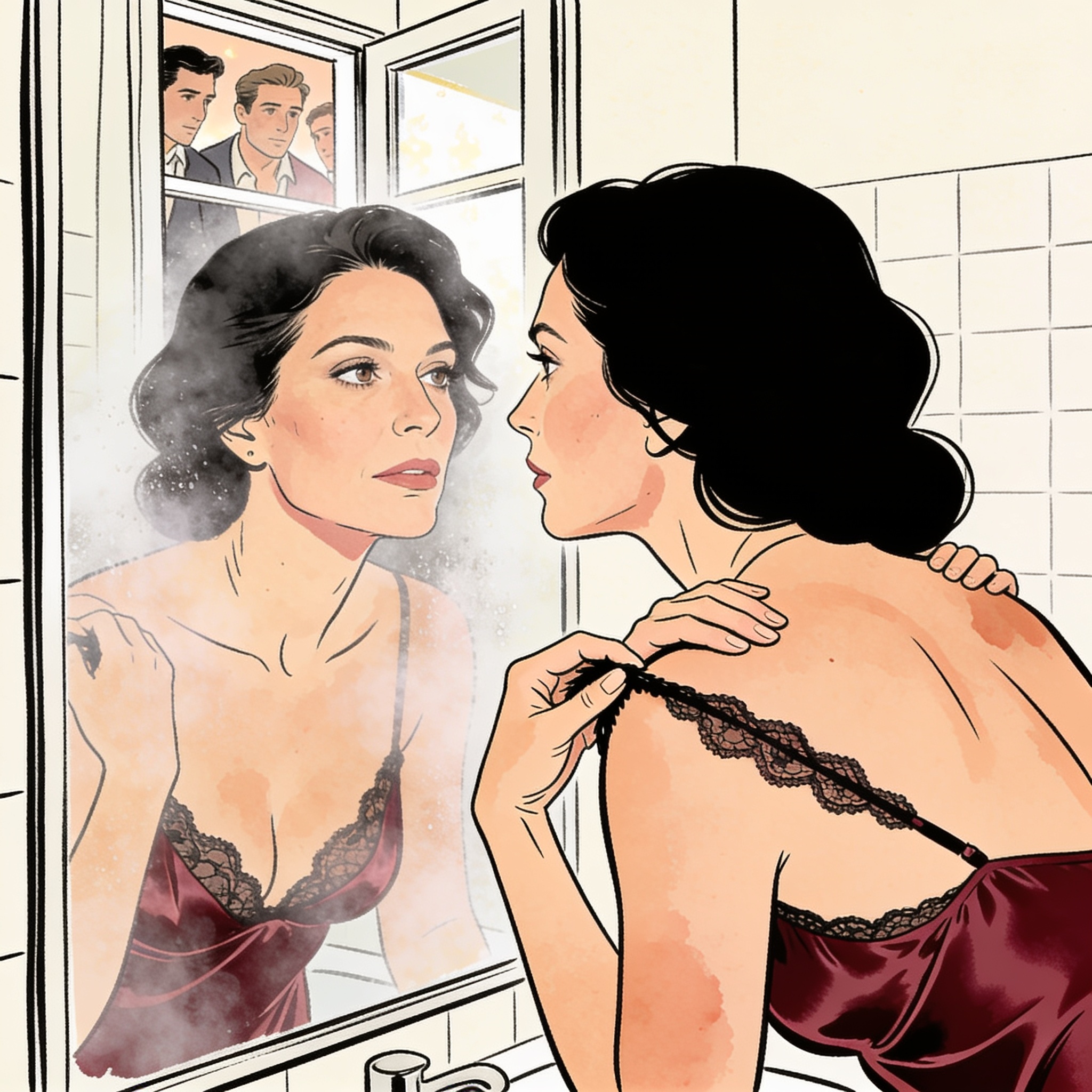 Woman in lace slip adjusting strap, gazing into foggy mirror as men's voices are heard.