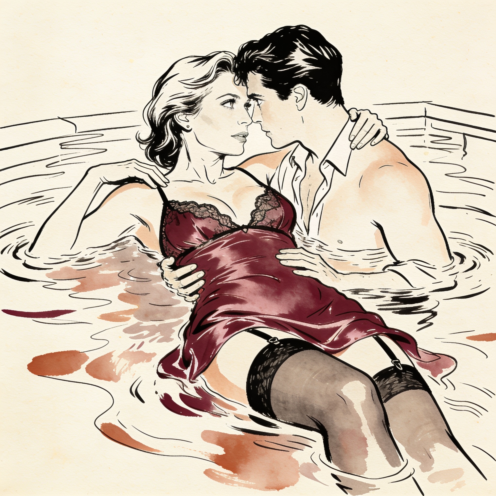 A woman floating in a pool, locking eyes with a stranger as another watches her.