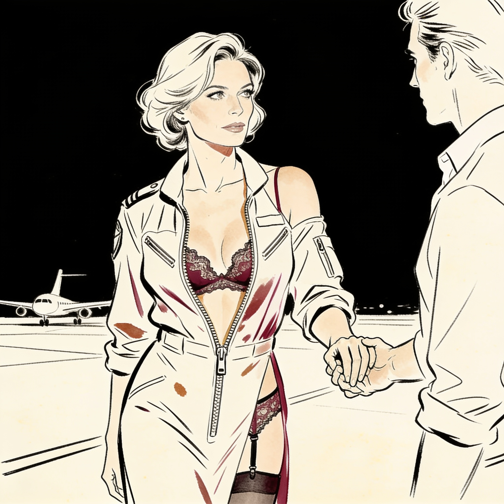 A woman in an open red dress touches a man's arm, sharing an intense gaze.