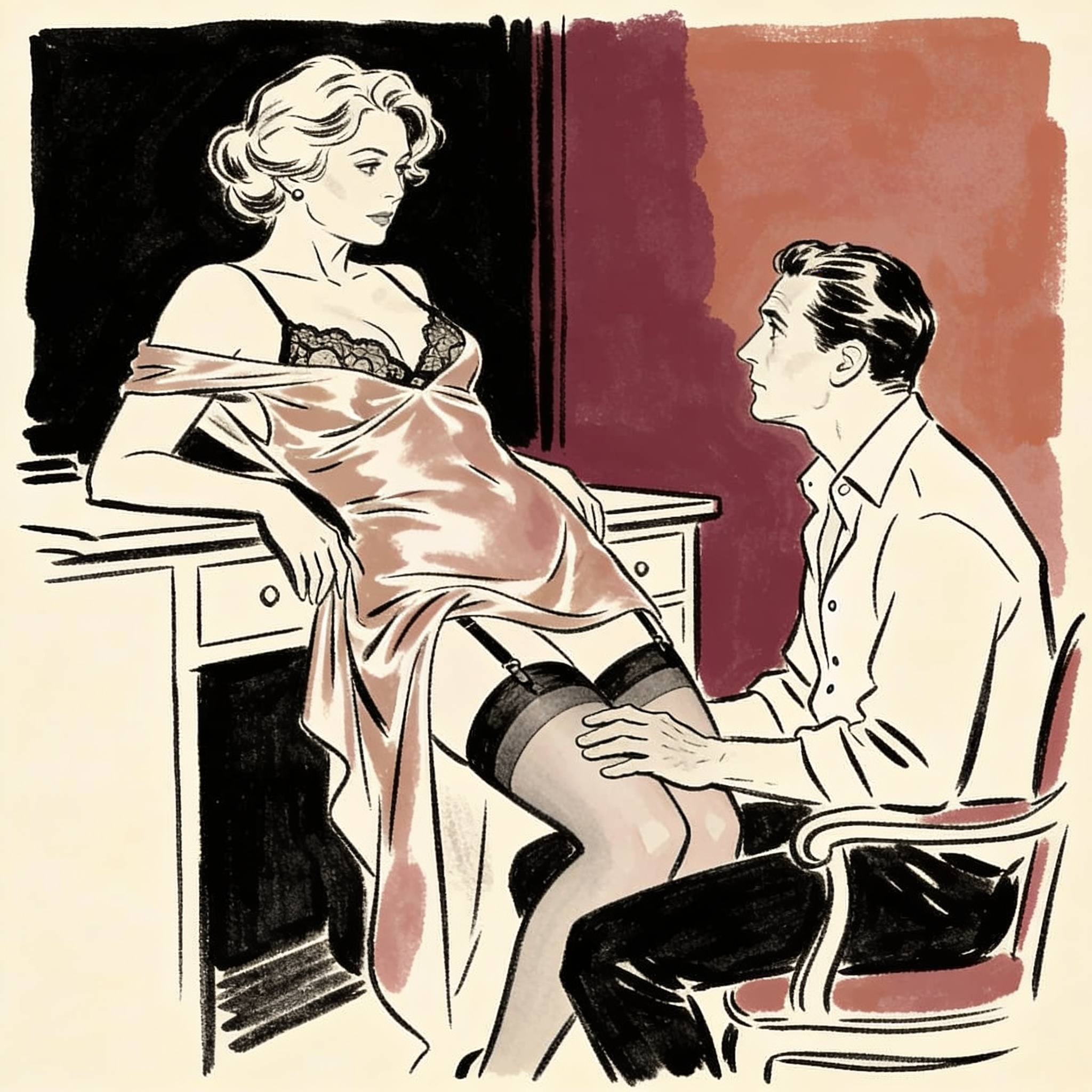A woman in a slip leans on a desk while a man touches her thigh, their faces close in a...