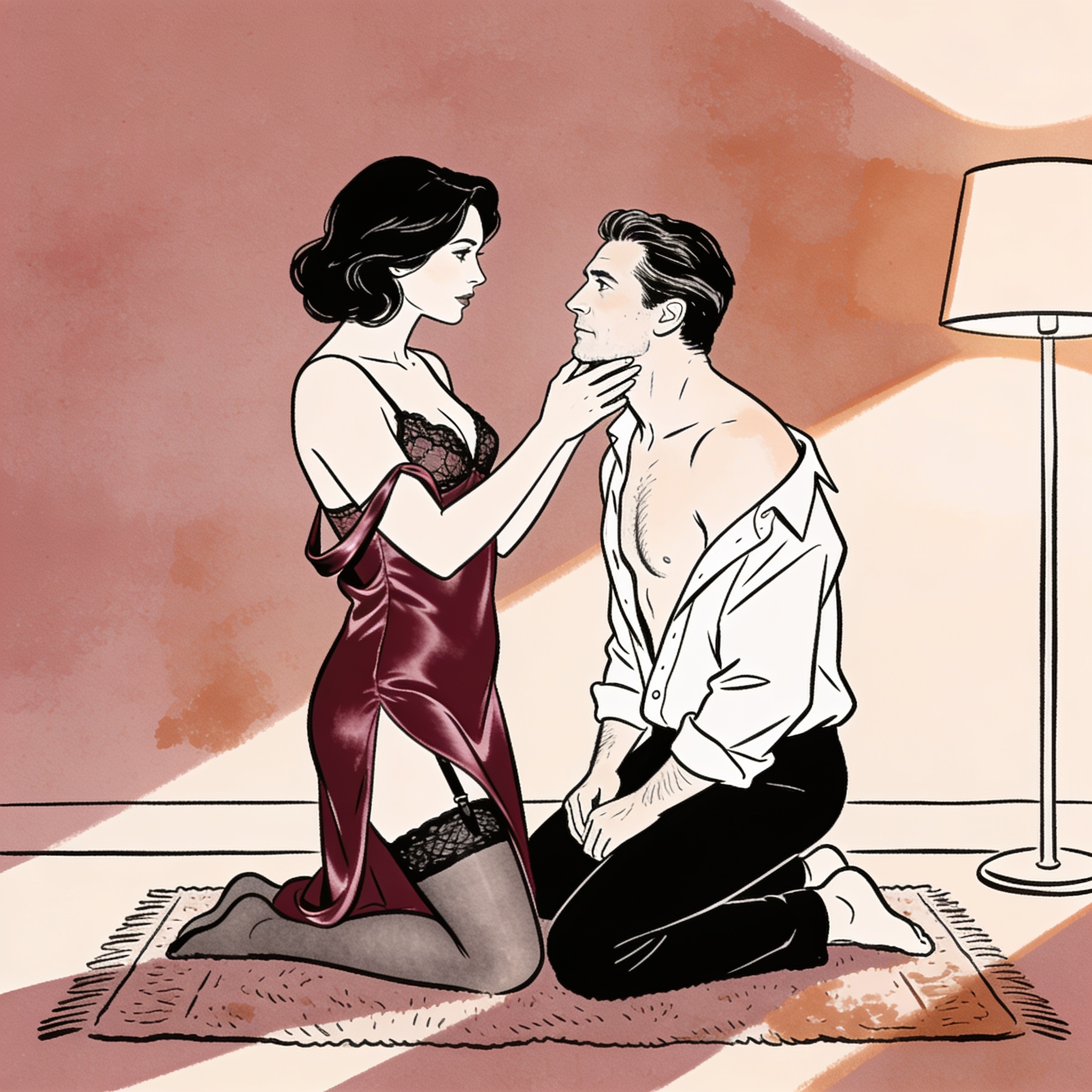 A person kneels, silk strap off their shoulder, as another touches their face with a co...