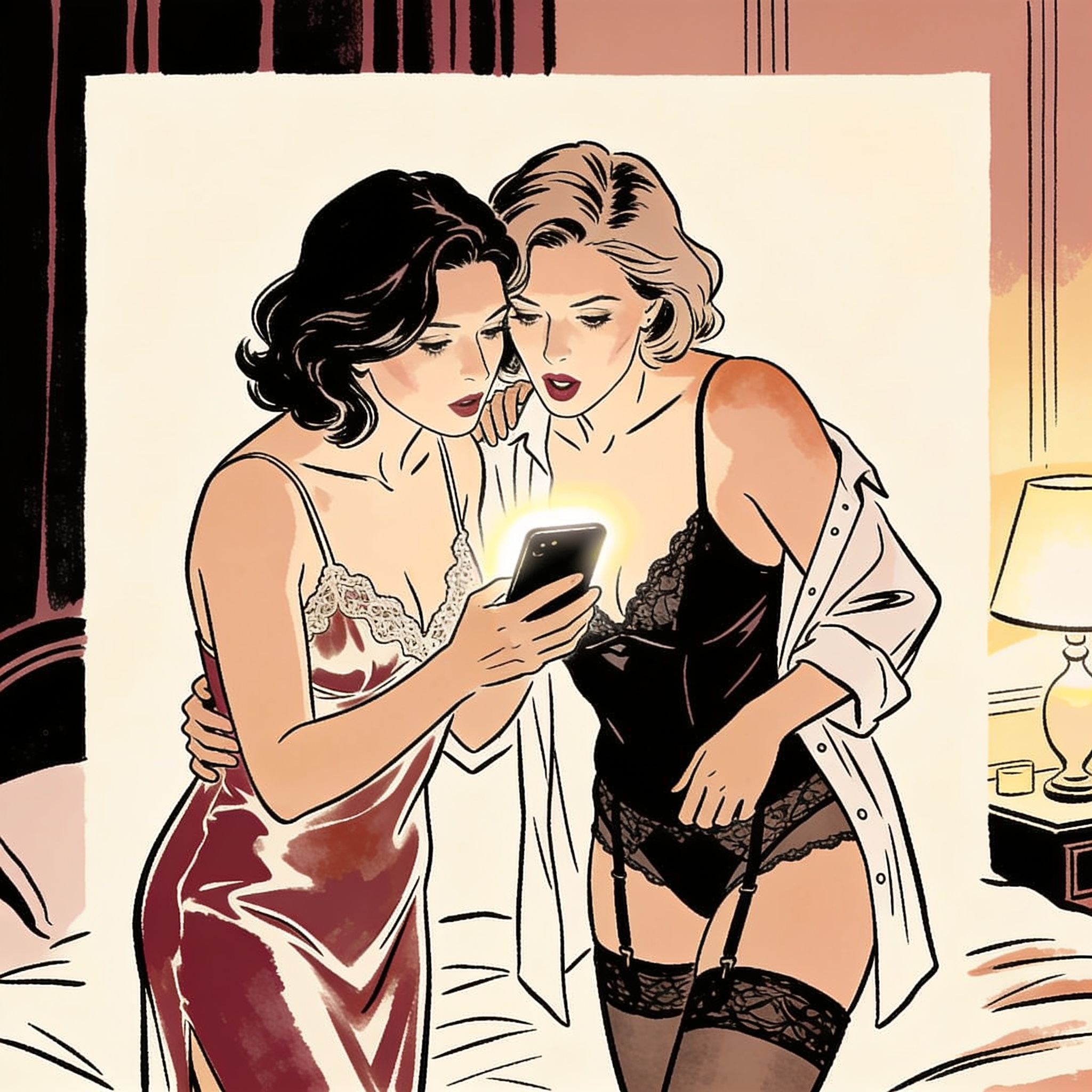 Two sisters share a private, charged moment looking at an intimate photo on a phone.