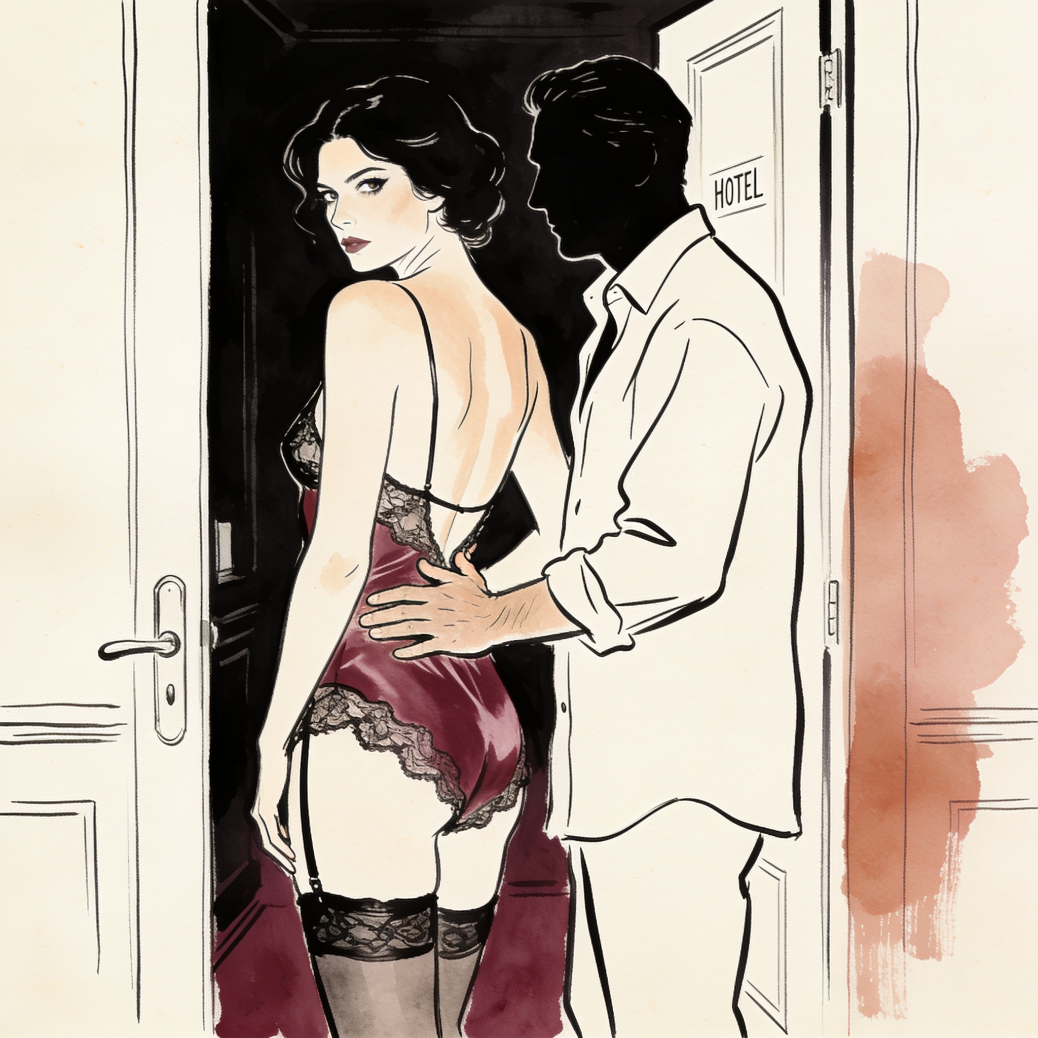 A couple in a doorway sharing a charged, intimate gaze, her hand on his chest.