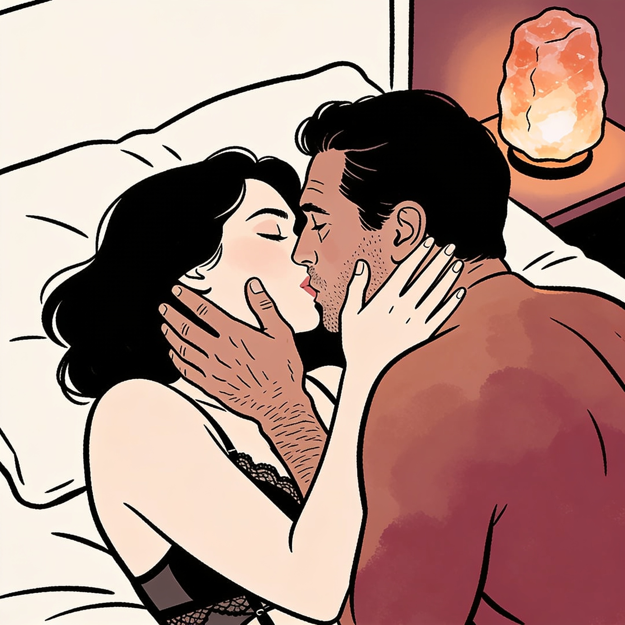 A woman kisses a man's palm in a softly lit bedroom, a moment of intimate surrender.