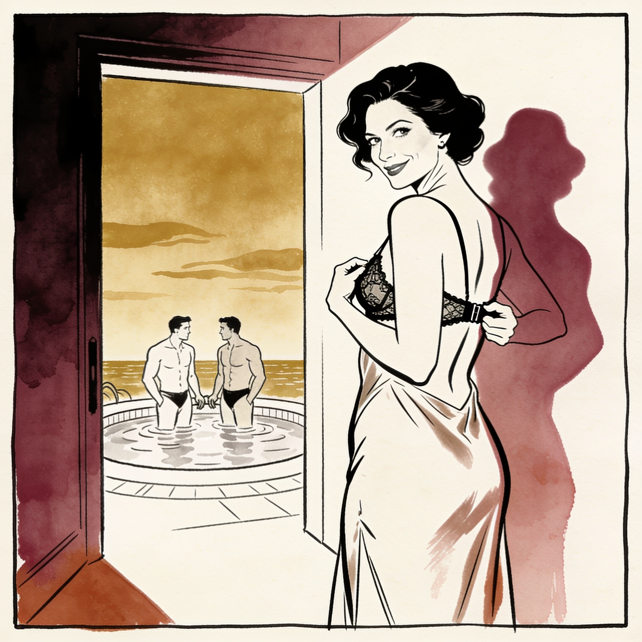 Silhouette of a woman undoing her bra, glancing back at two men.