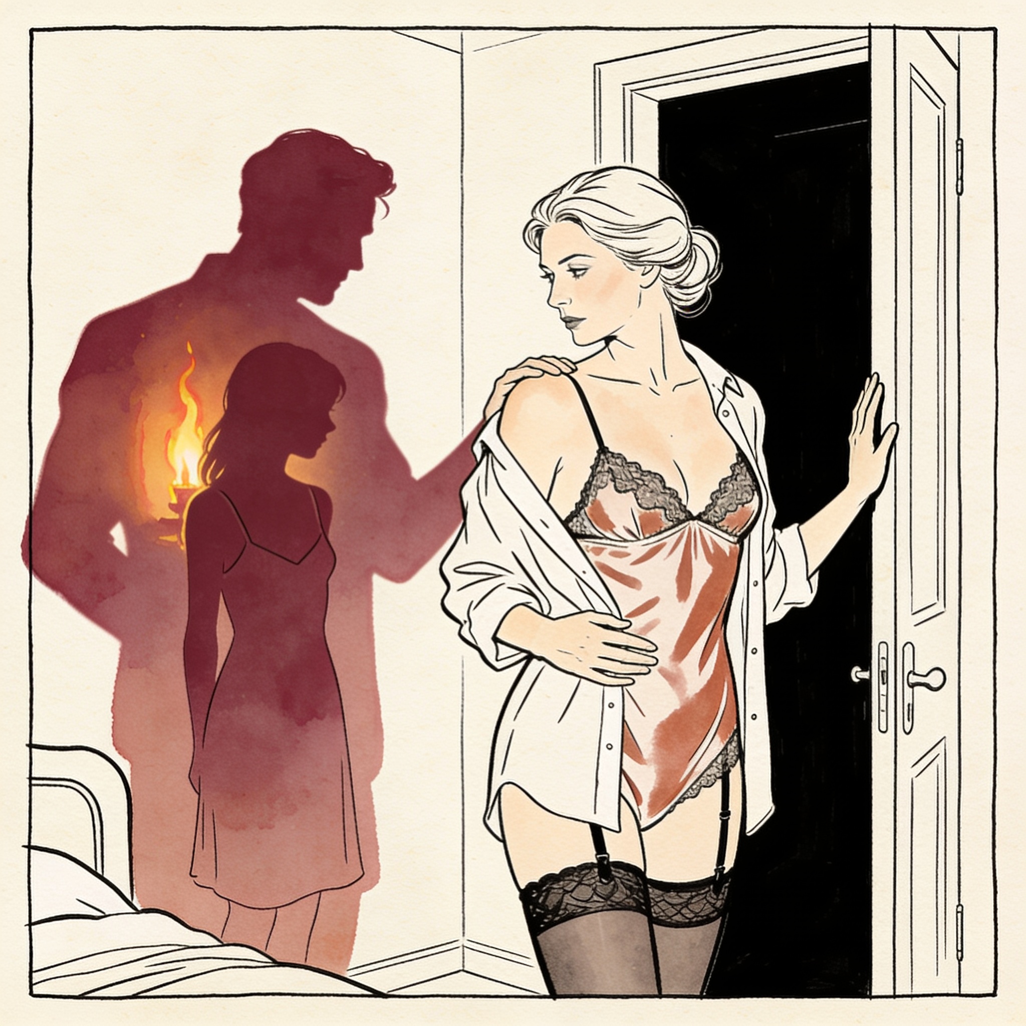 A looming shadow engulfs a girl as a woman watches from a dark doorway.