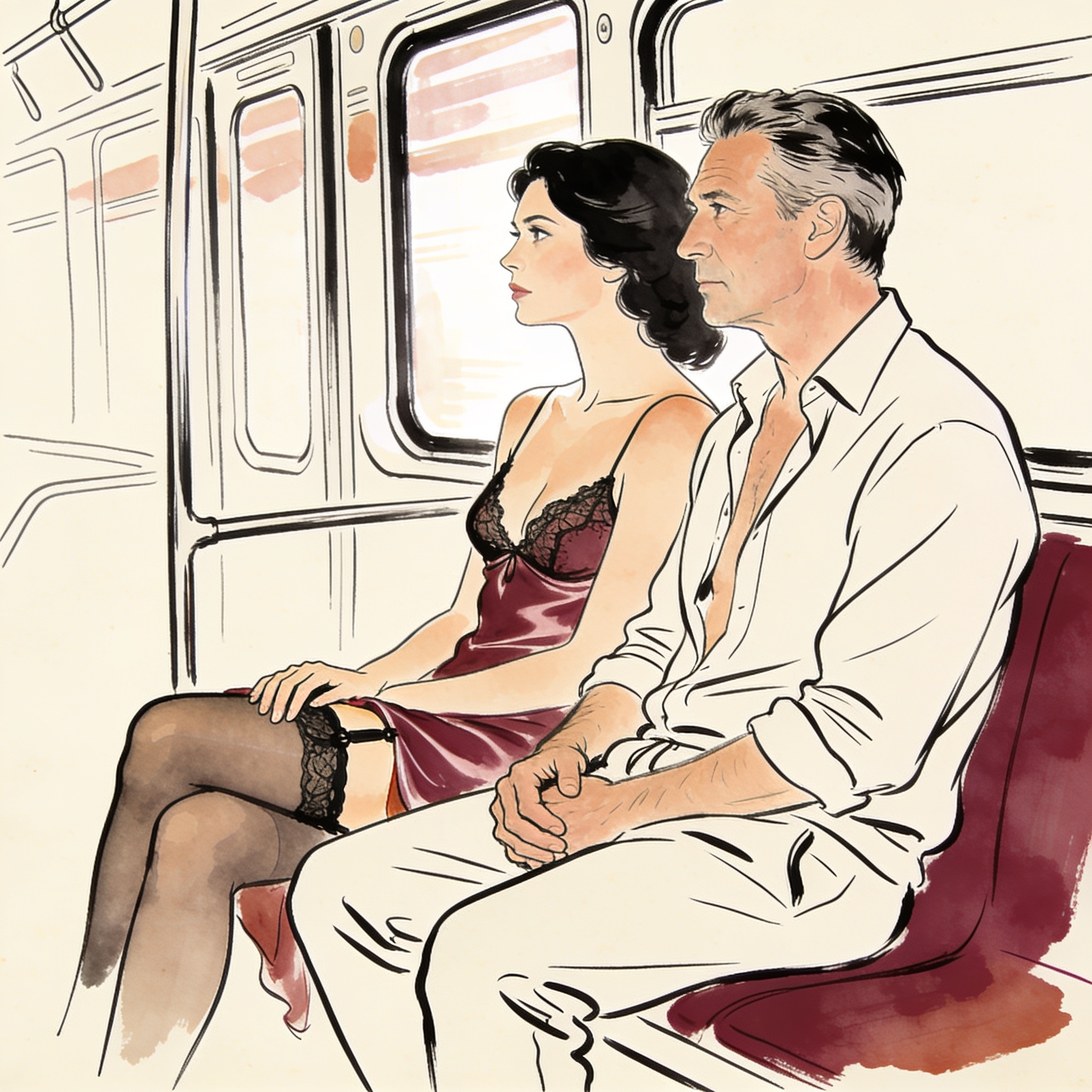 A man and woman sit close on a bus, hands resting on their laps, tension in their still...