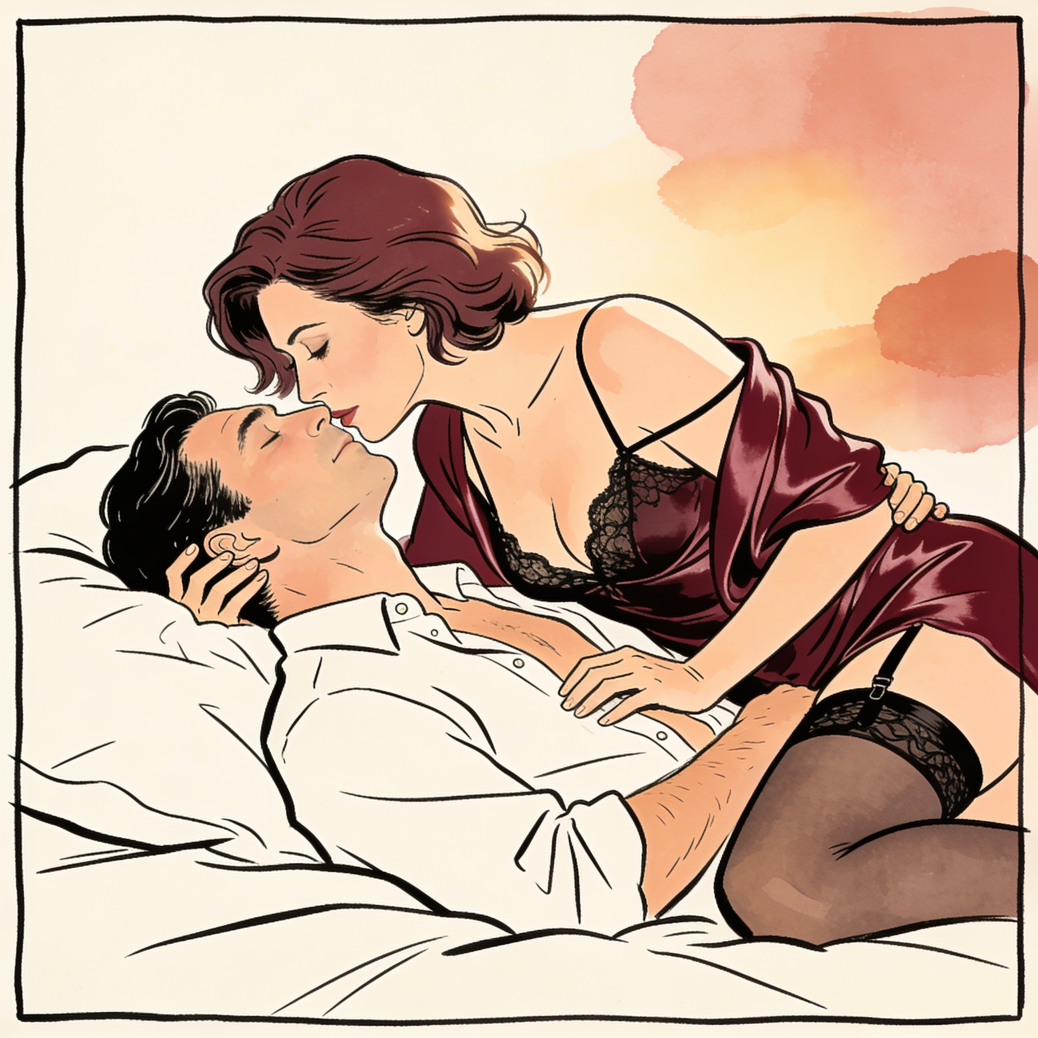 Woman in silk camisole whispering to a man as her hand moves under the duvet.