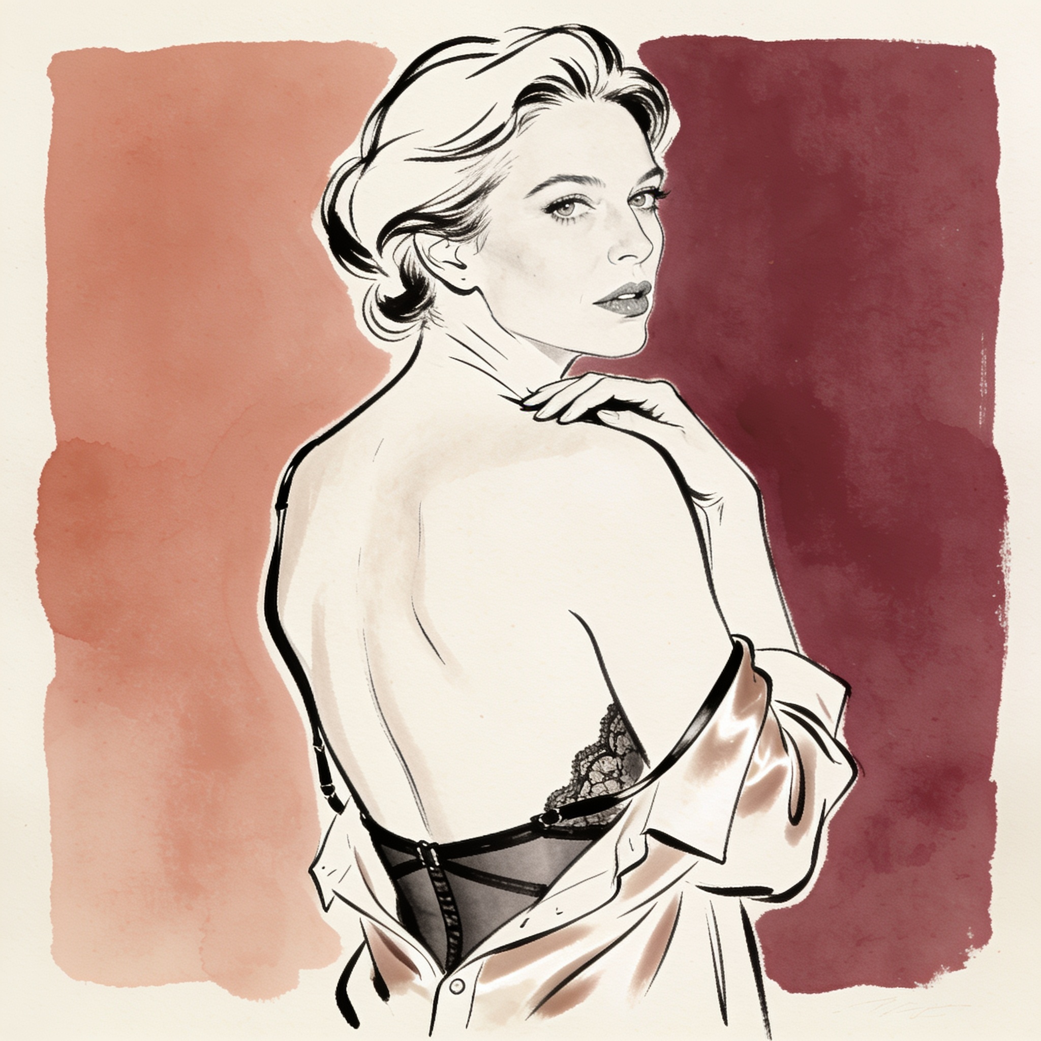 Woman in a silk slip looks ahead with longing, bare shoulder exposed.
