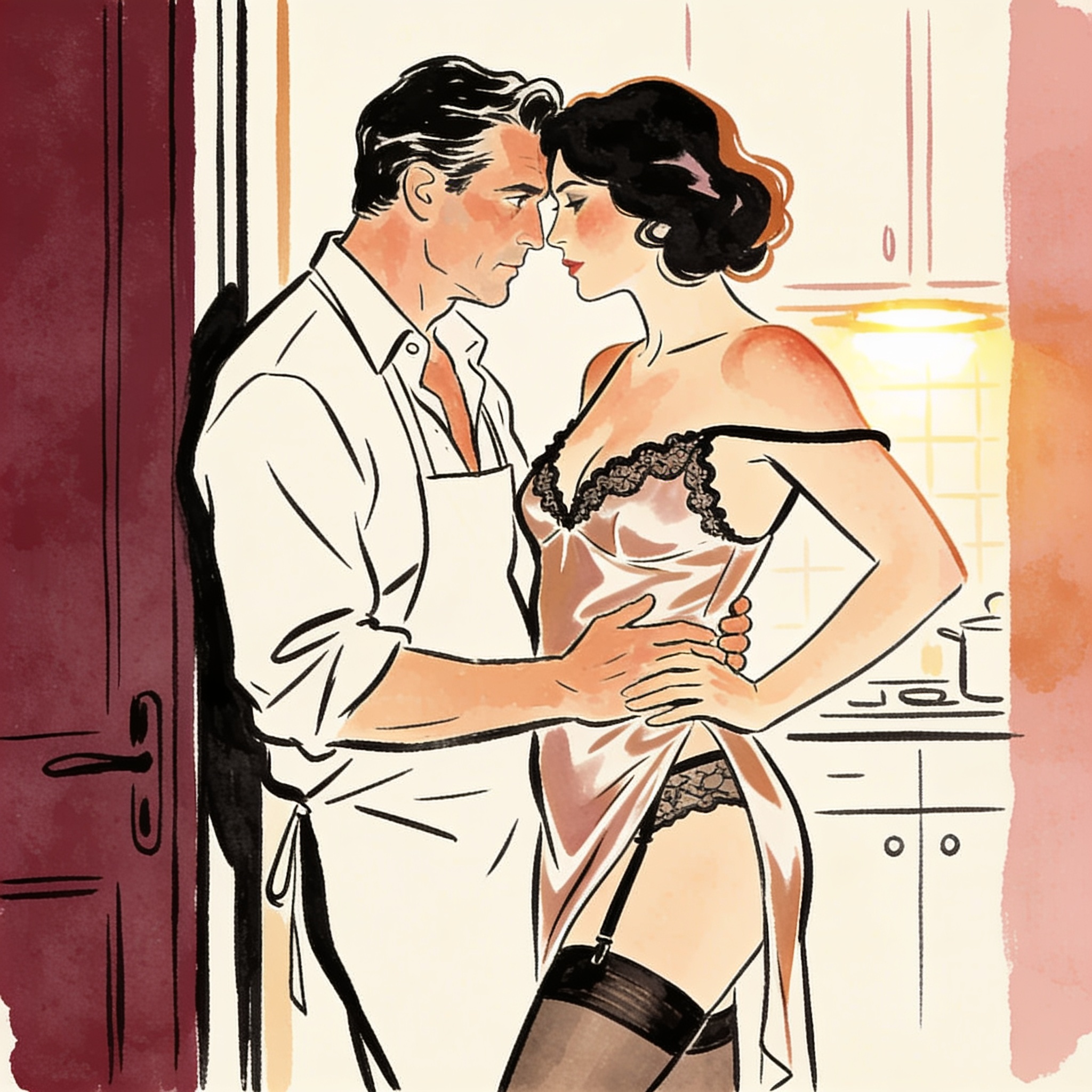 A man watches a woman in a kitchen, her apron strap slipping from her shoulder.