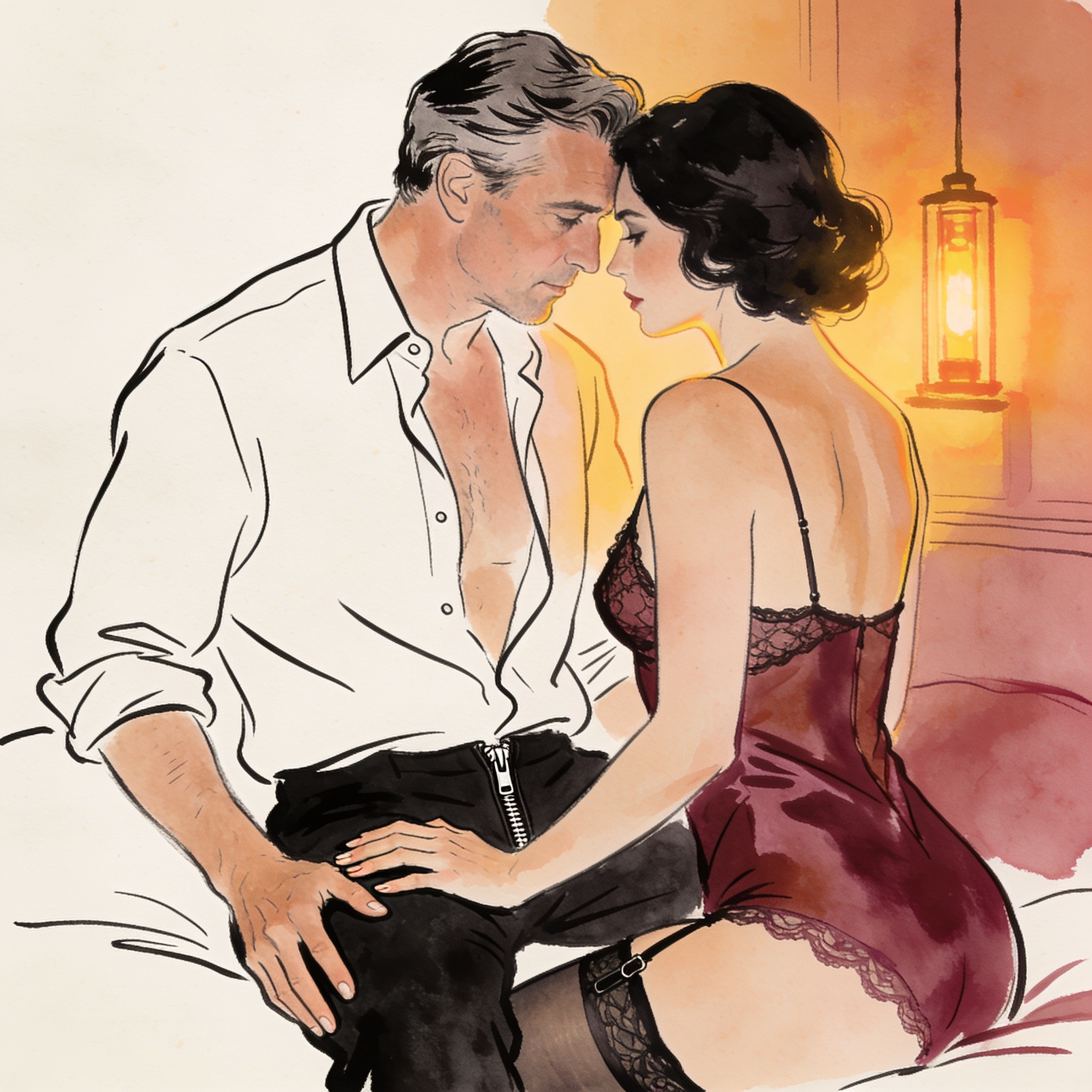 A couple in a dim bar, foreheads close, her hand on his thigh over his pants.