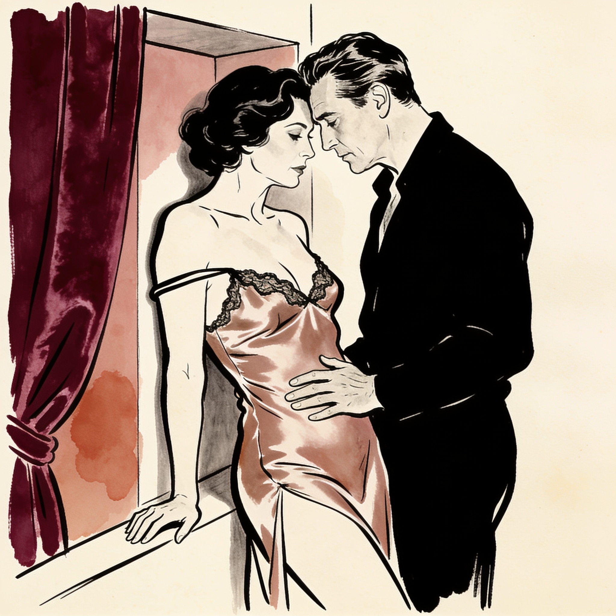 Two figures in intimate proximity, sharing a tense and desirous look in a dim bar.