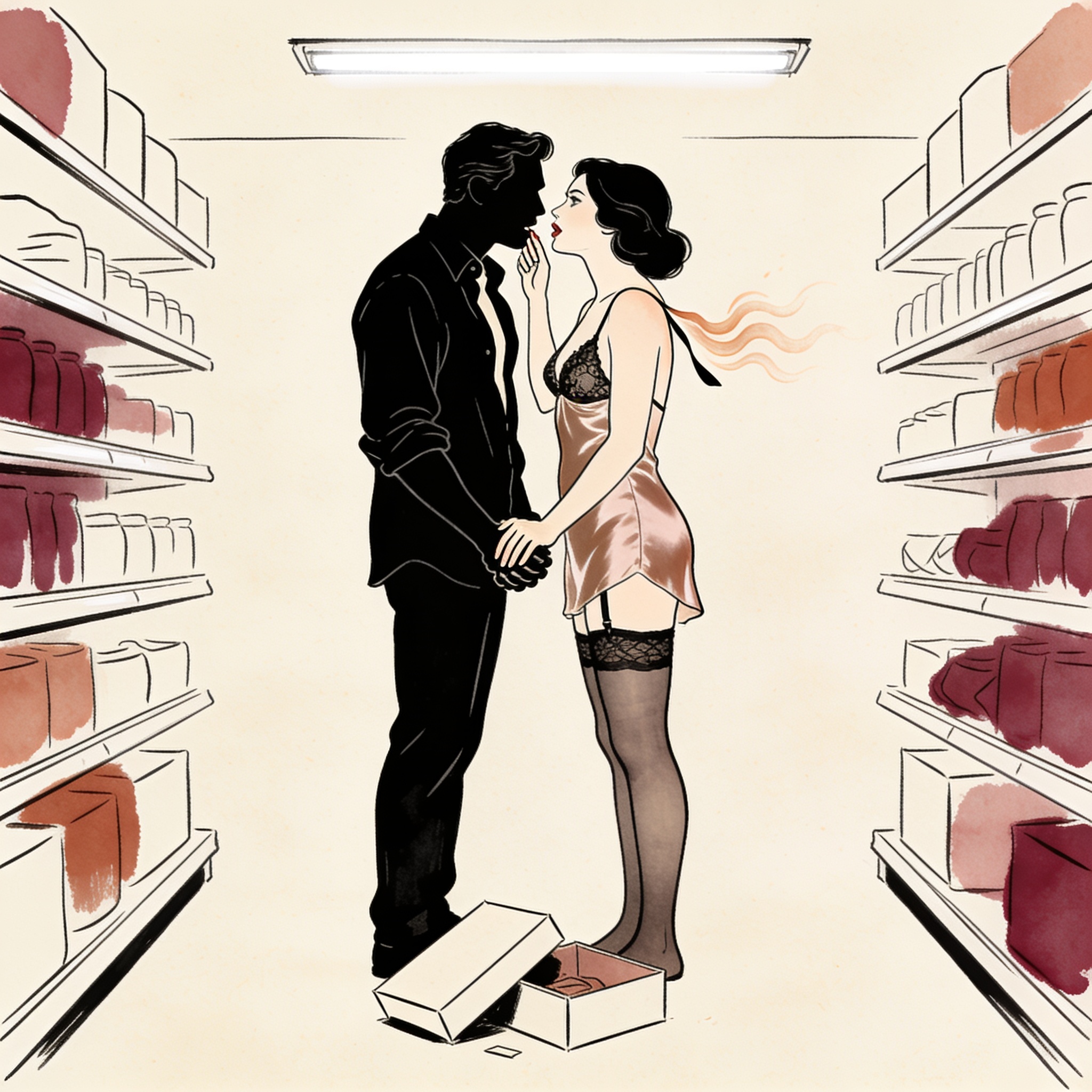 A man and woman's hands meet as they reach for a box, a charged moment of eye contact.
