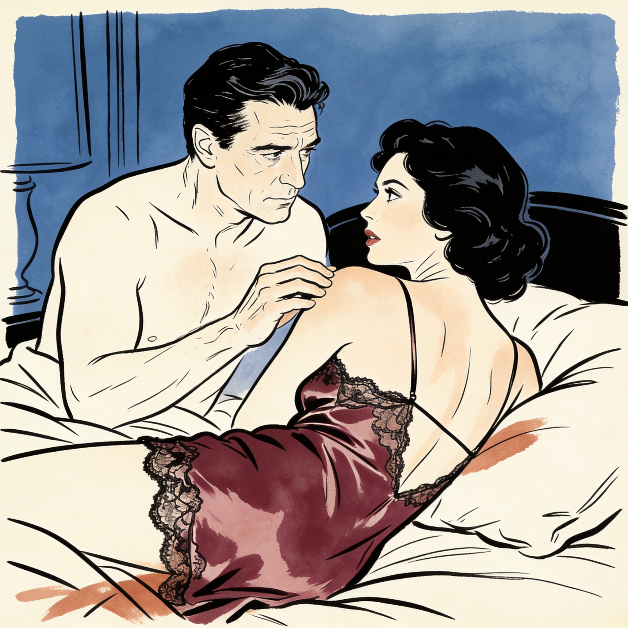 Man watching wife in silk slip in bedroom, charged intimate moment.