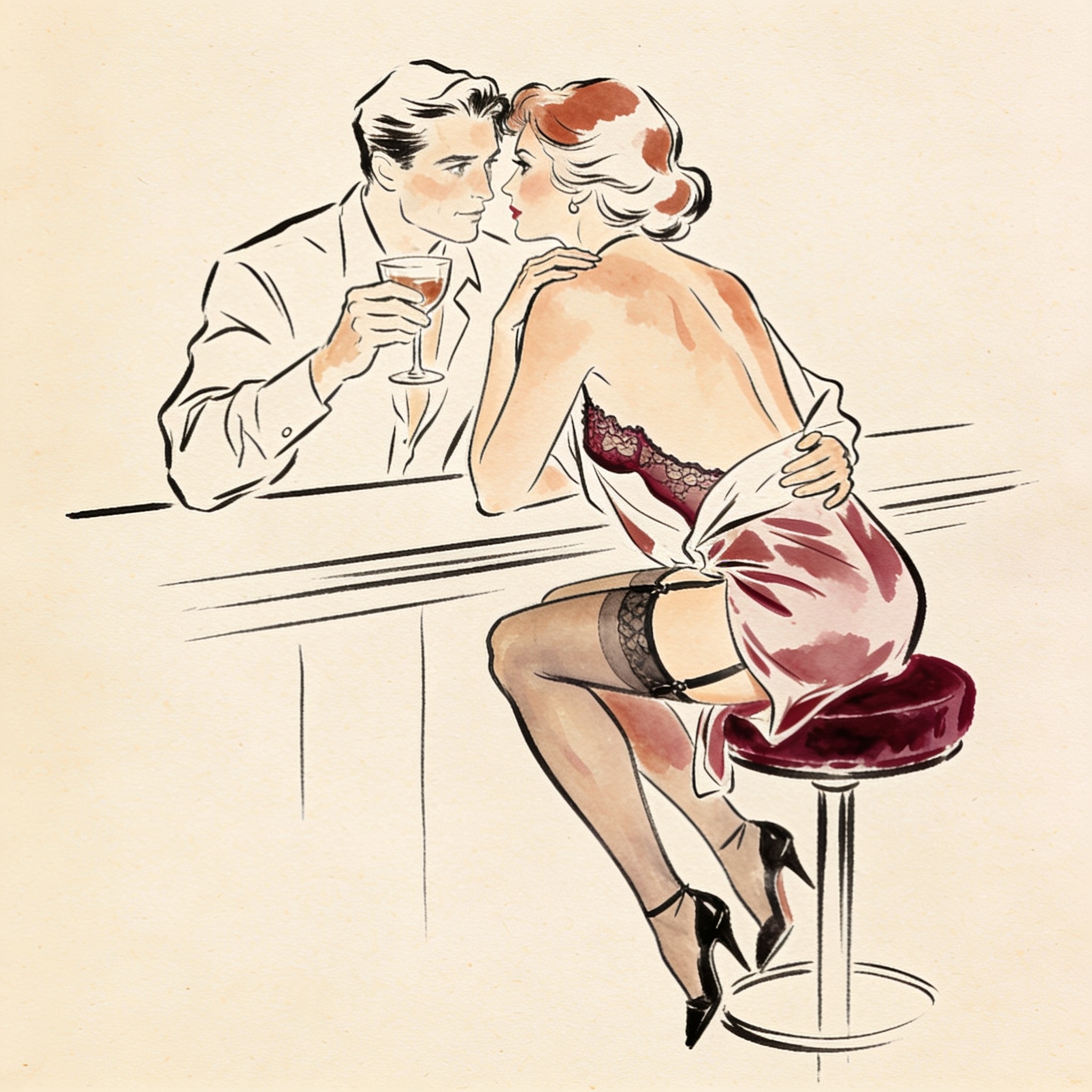 Woman on a bar stool sharing a charged gaze with a man raising his drink.