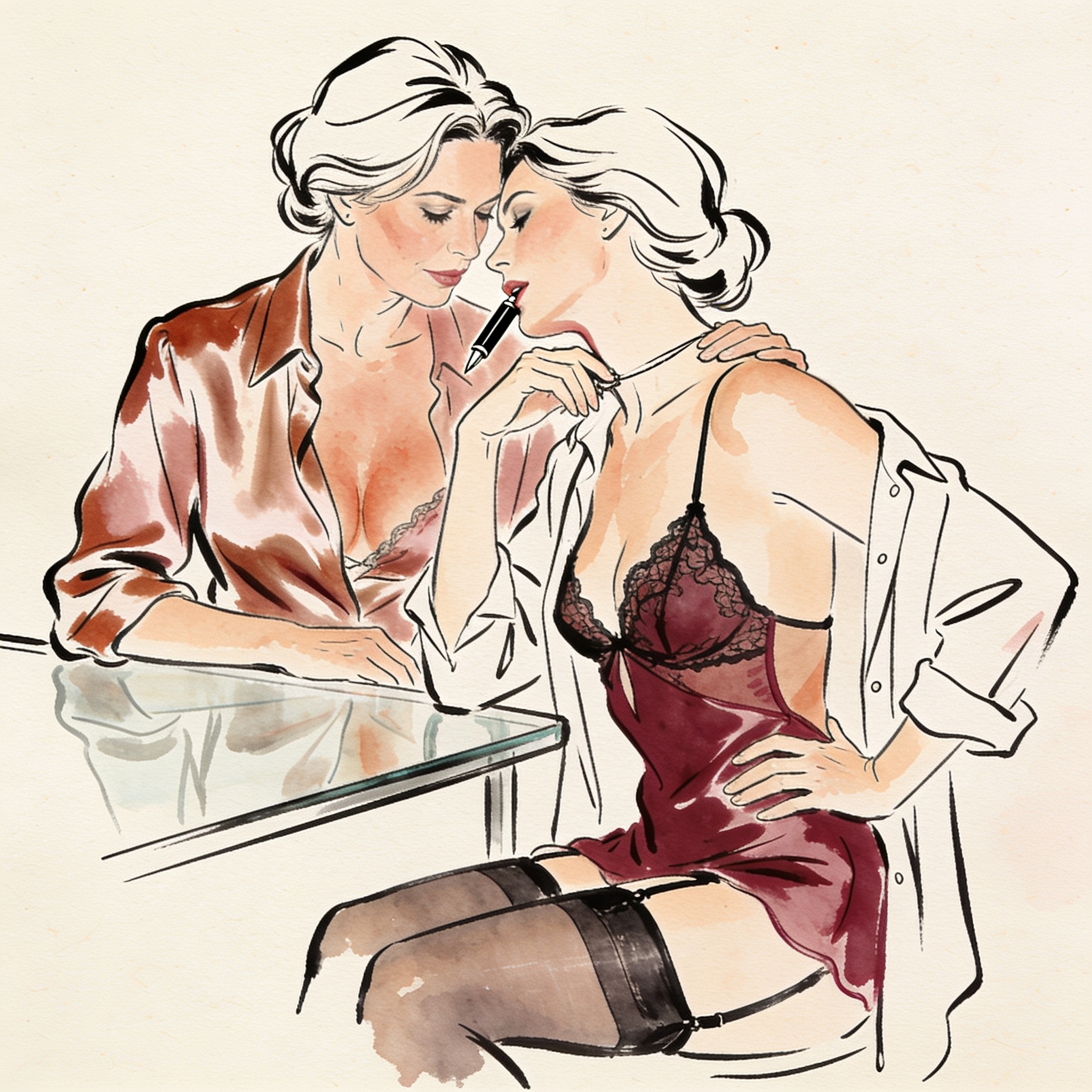 A manager watches an intern biting her pen, both in office wear, charged with tension.