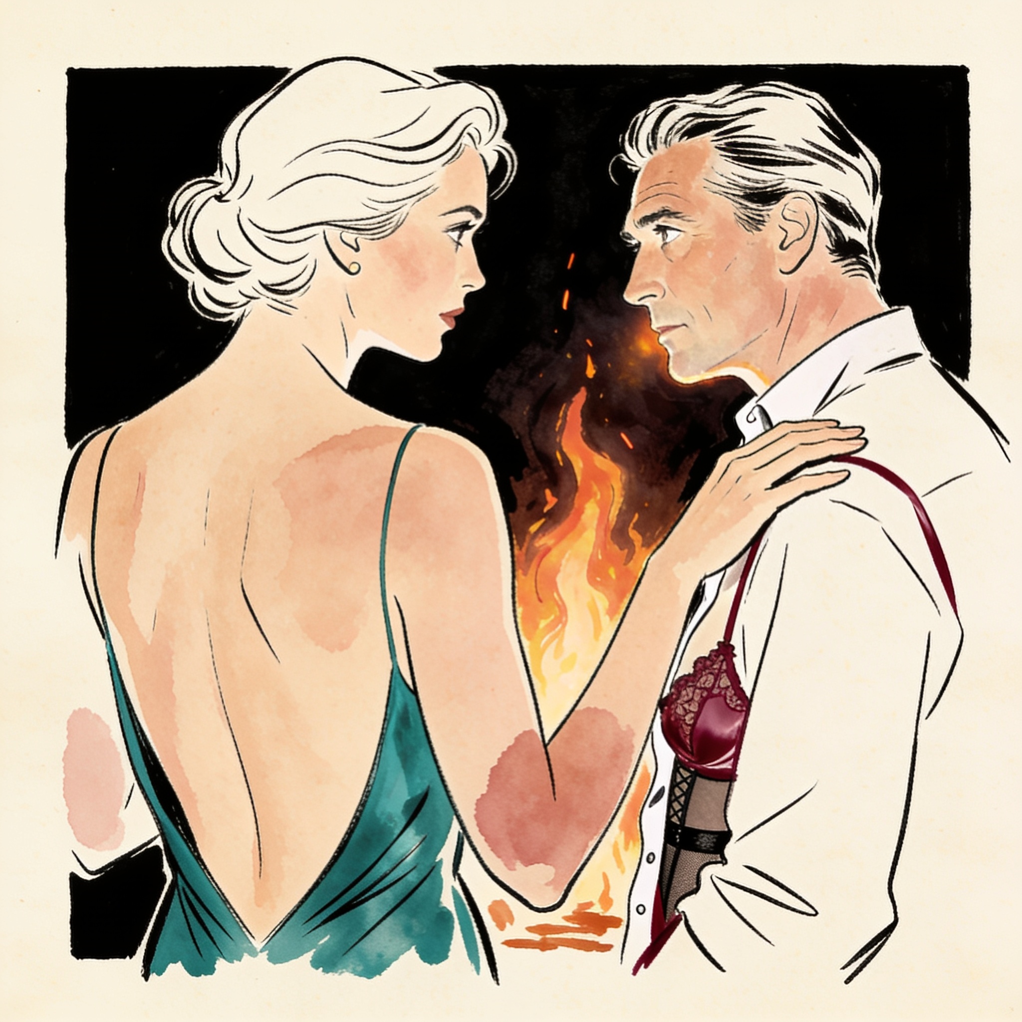 A woman in a revealing gown watches a man from behind, her hand almost touching his sho...