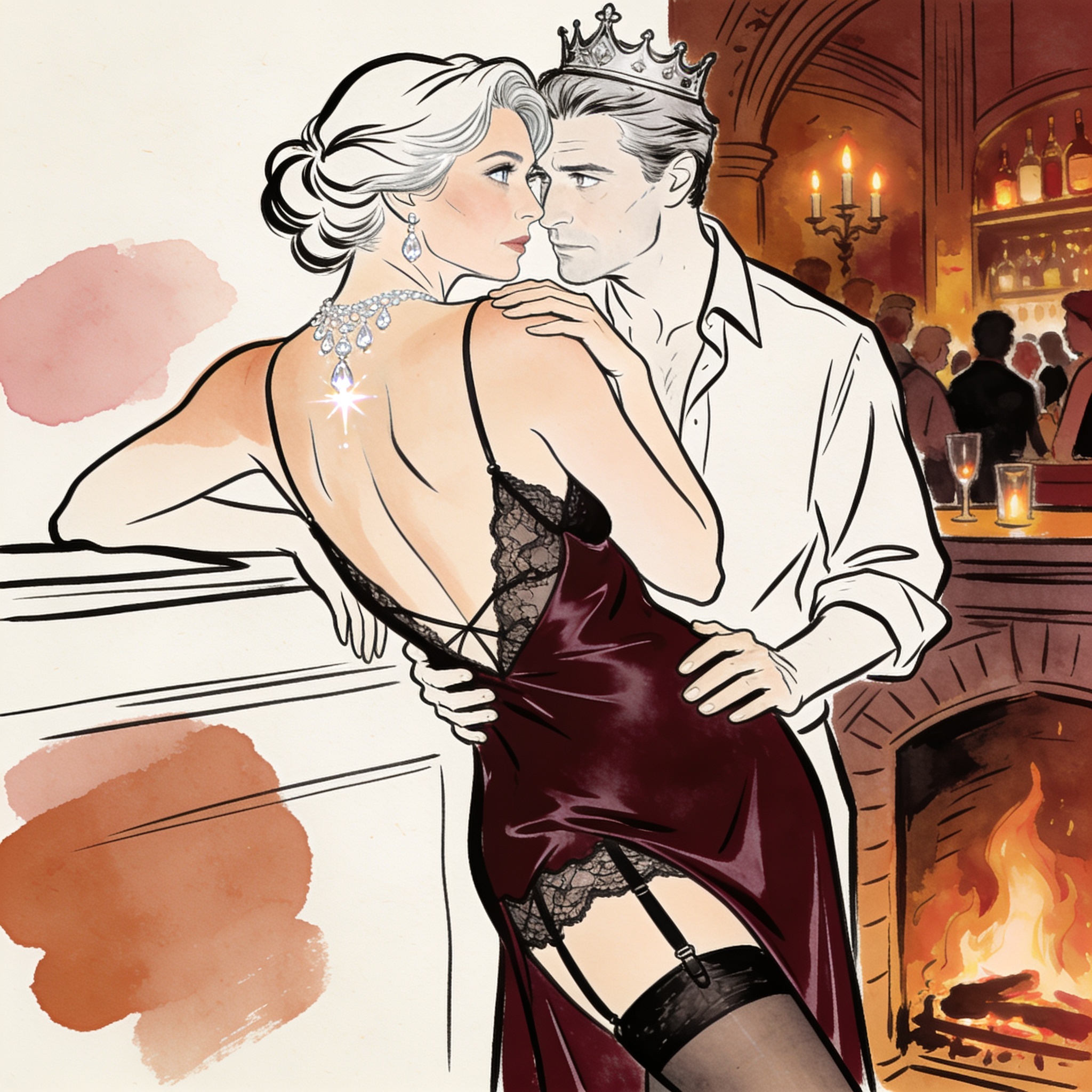 A woman in a dark, silky gown watches a man across a crowded, firelit tavern, her expre...