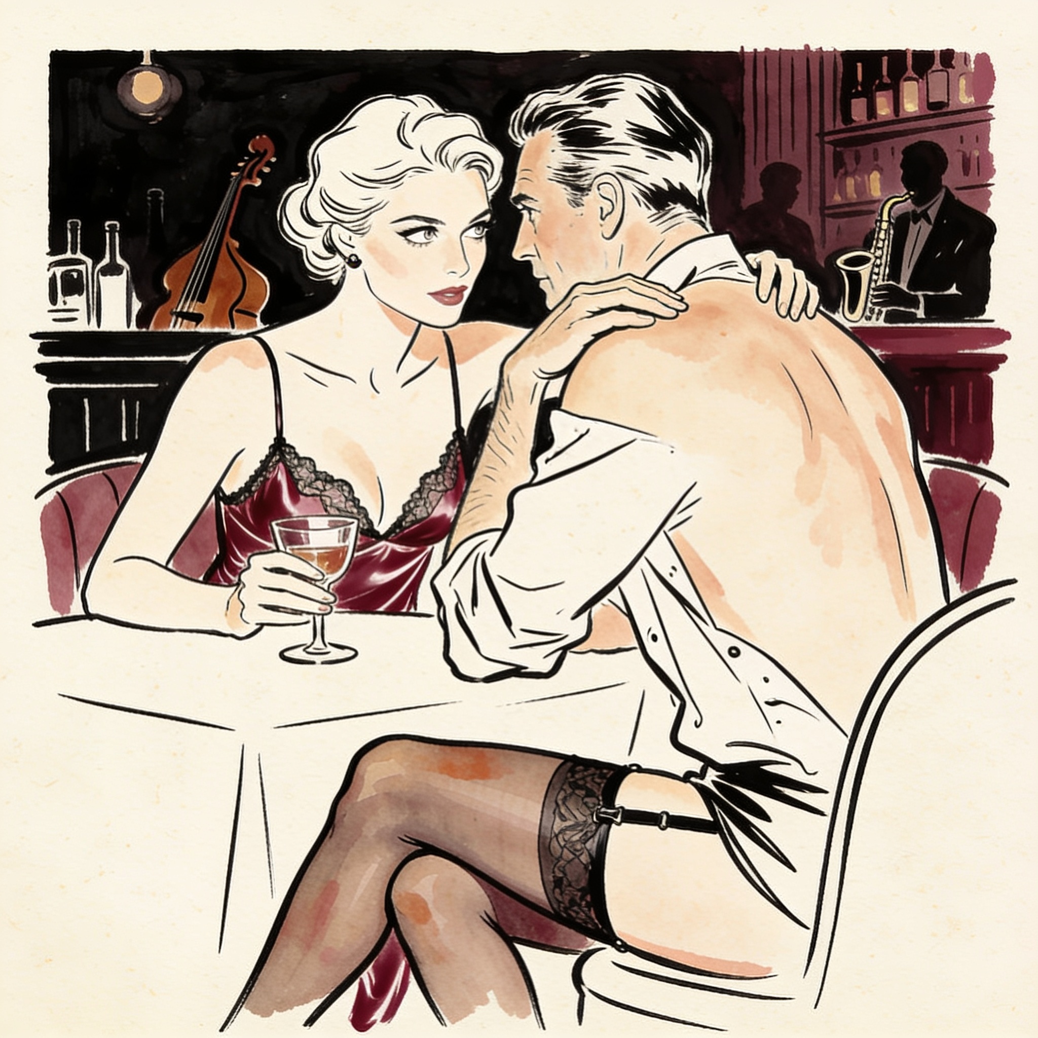 A couple's intimate, charged moment under a table in a dimly lit bar.