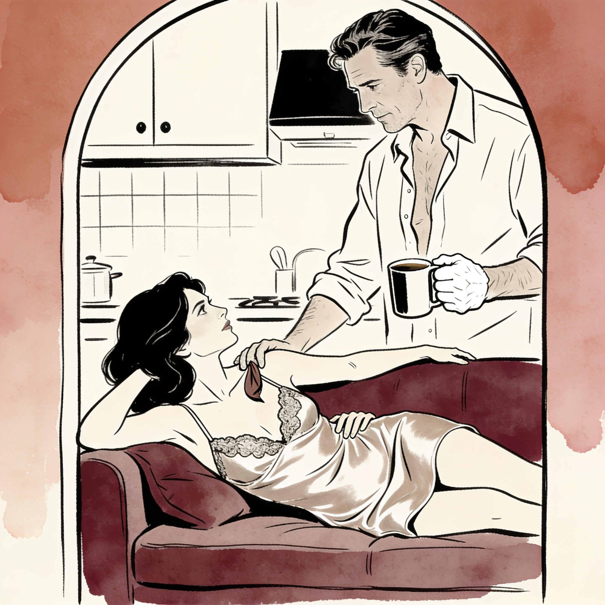 A man watches a woman stretching, her camisole strap slipping off her shoulder, tension...