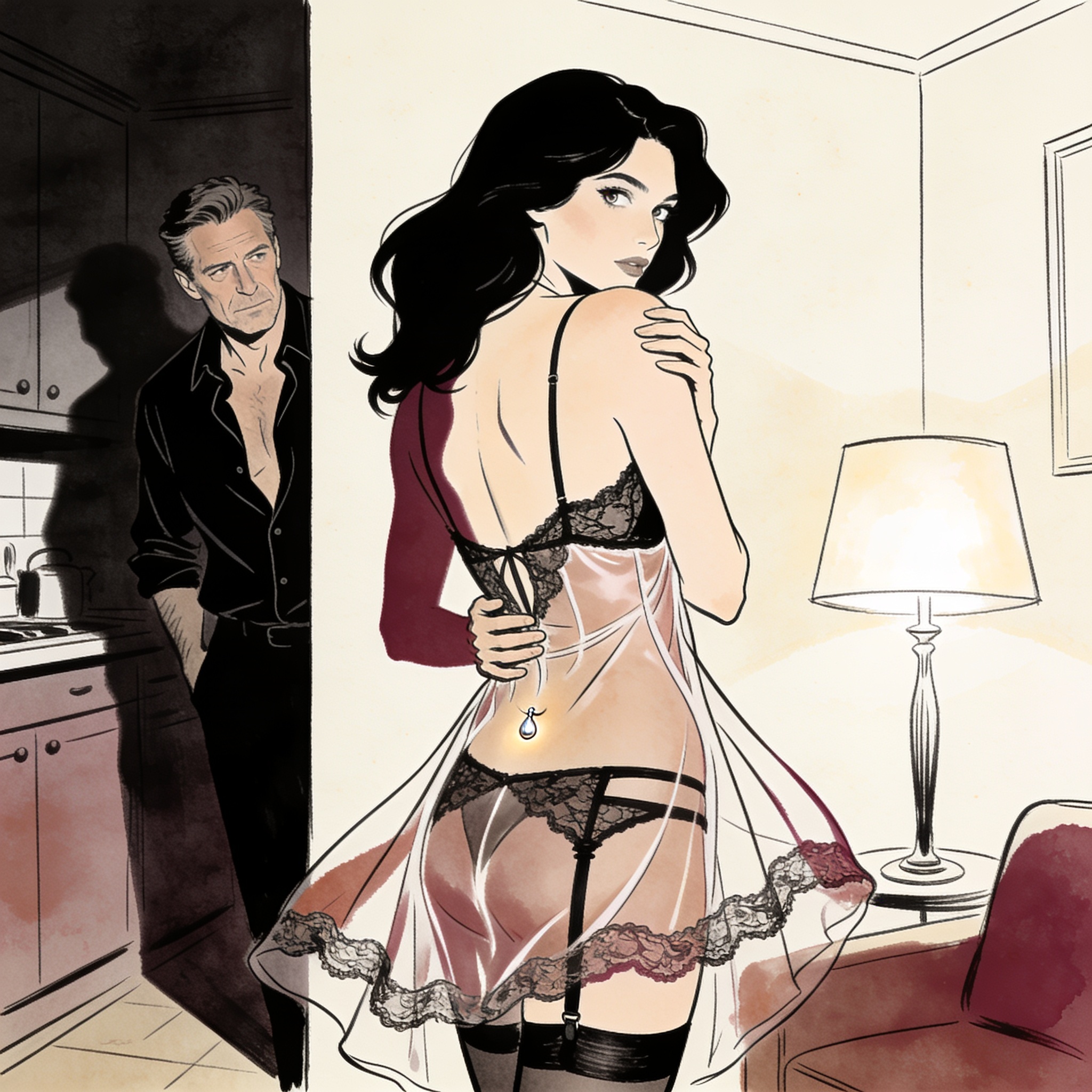 A woman in a sheer chemise sways, her gaze meeting a man watching from the shadows.