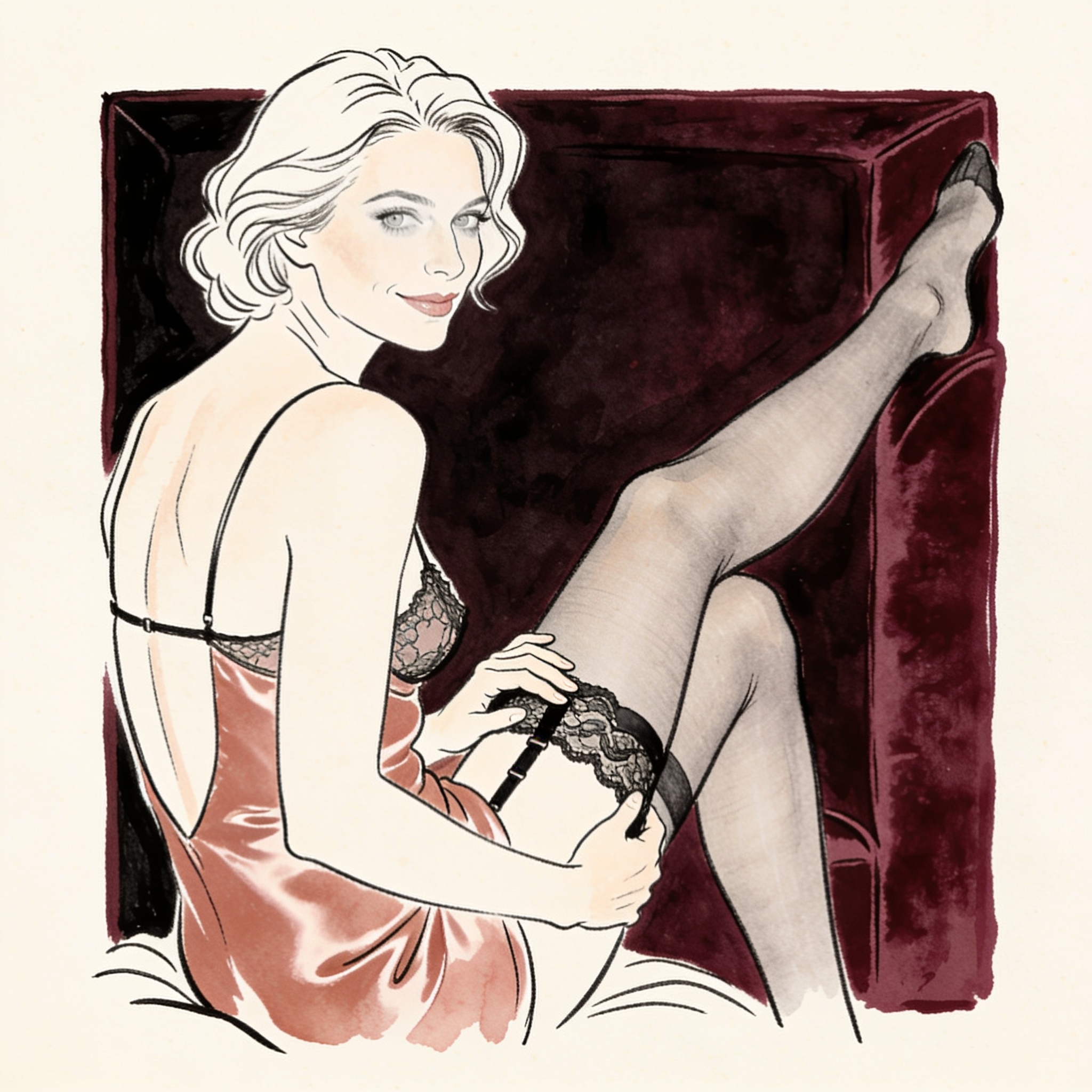 Woman in lingerie gives a dominant gaze to a man kneeling before her.