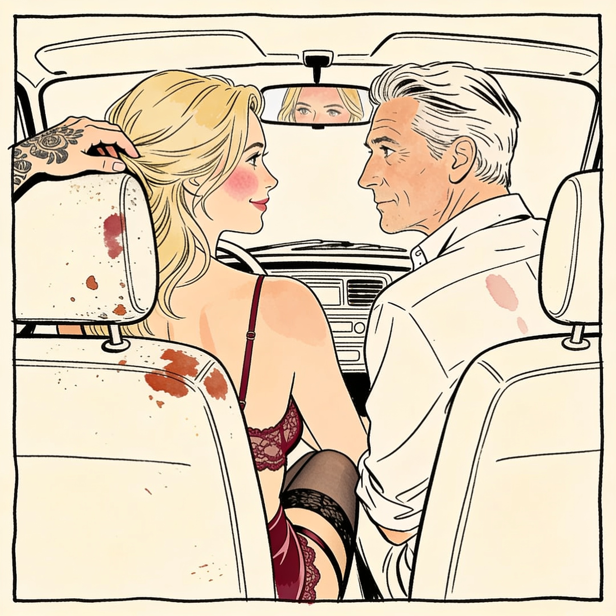 Two women exchange a tense, desiring look in a car's rearview mirror.