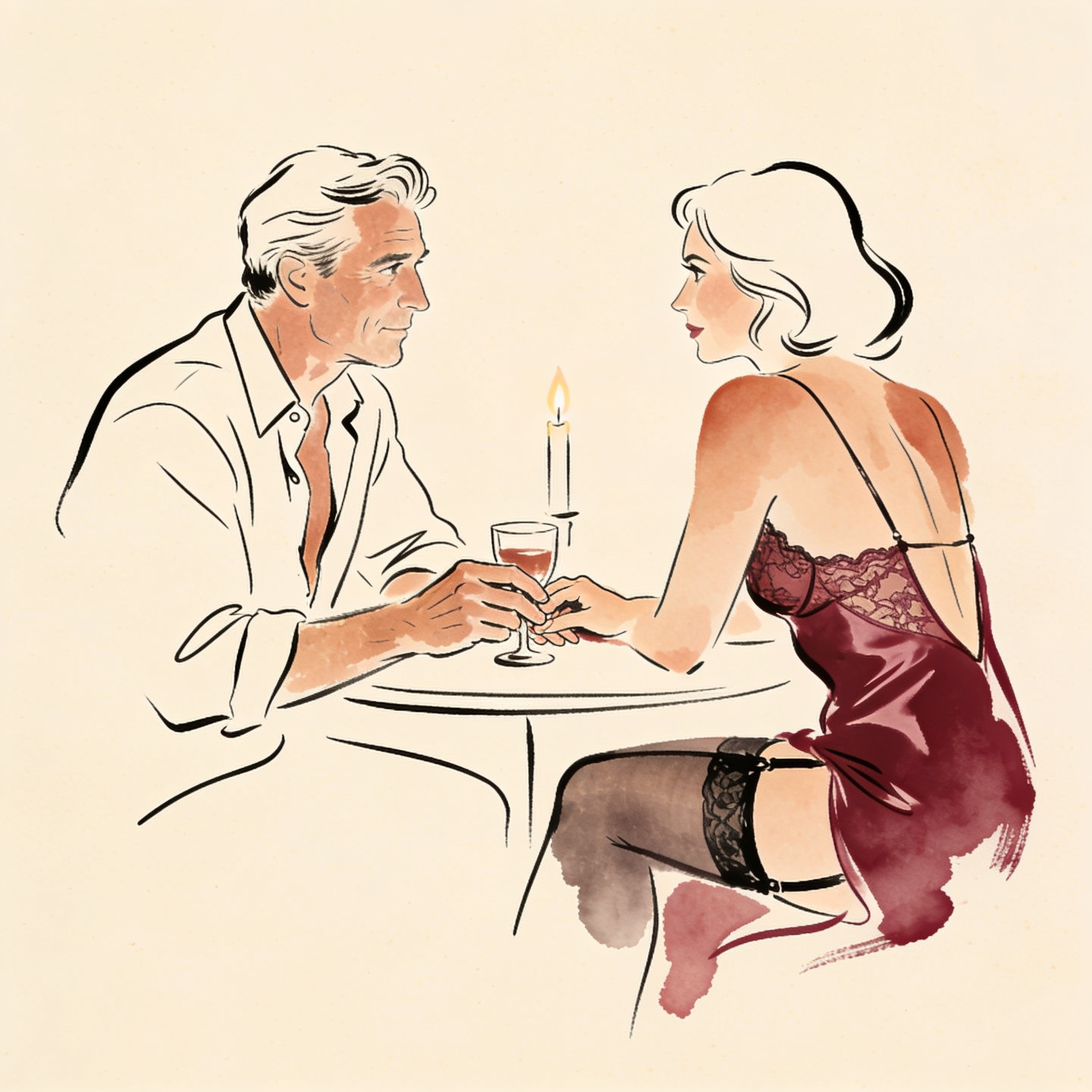 A couple shares an intense, intimate gaze as their hands touch.