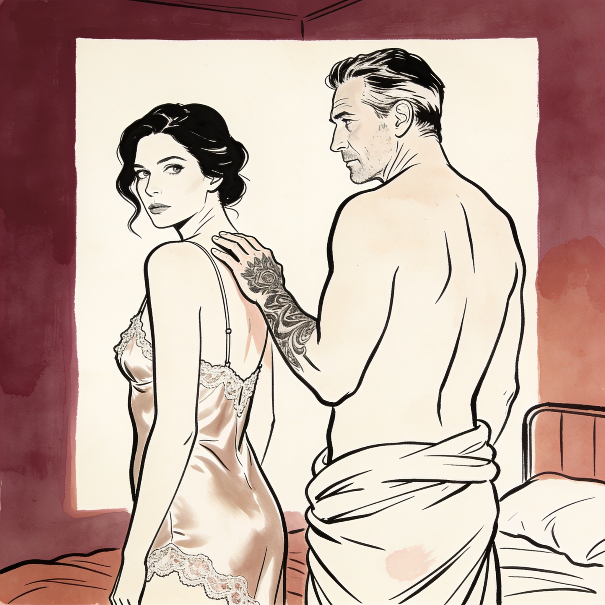 A man's hand almost touching a woman's bare shoulder as she looks back at him.