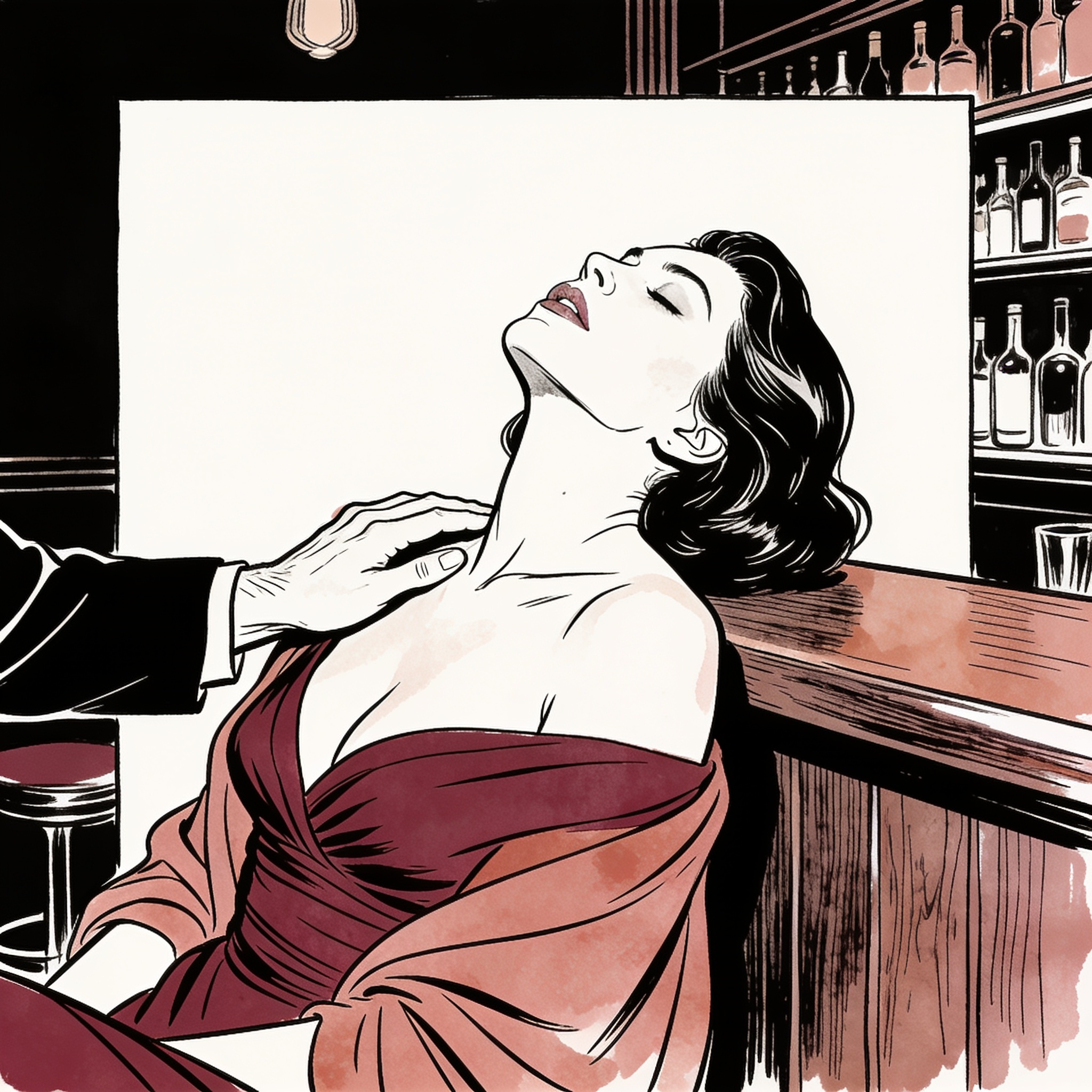 Woman in a bar, eyes closed, flushed, a hand on her bare shoulder.