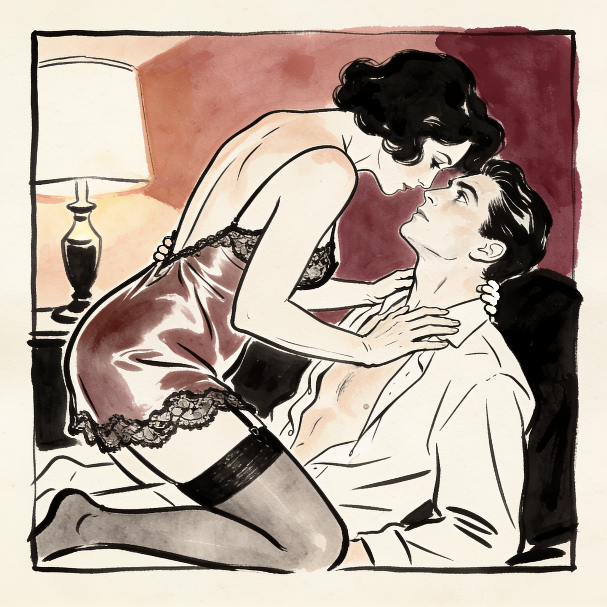 Woman in a silk slip kneels over a man in bed, their gazes locked in a moment of charge...