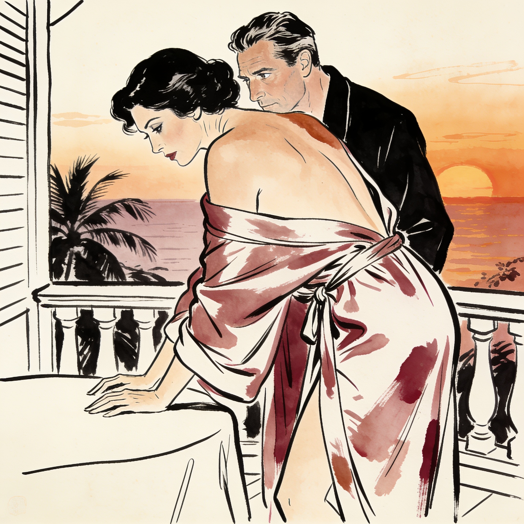 Illustration: A woman in a flowing robe offers a knowing look to a man on a sunset vera...