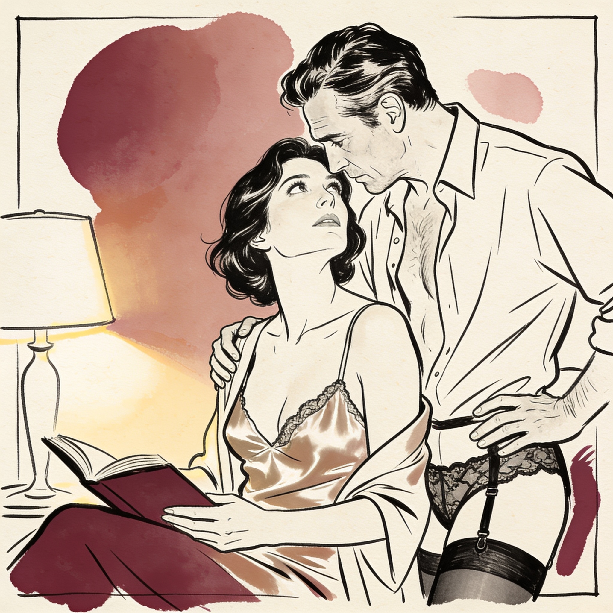 A couple shares a charged, longing gaze in a dim living room.