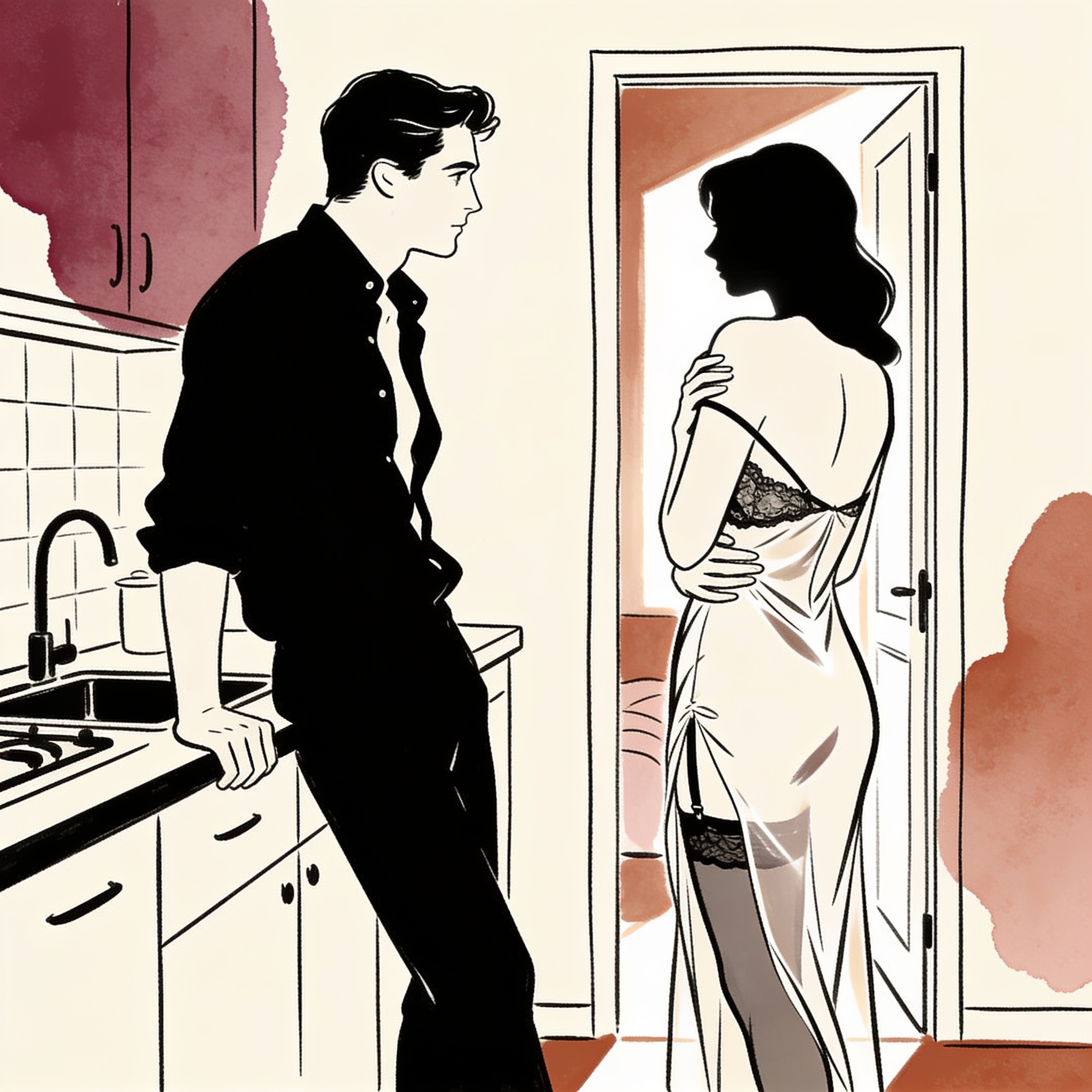 A man and a woman share a tense, longing gaze in a sunlit kitchen, her dress strap fallen.