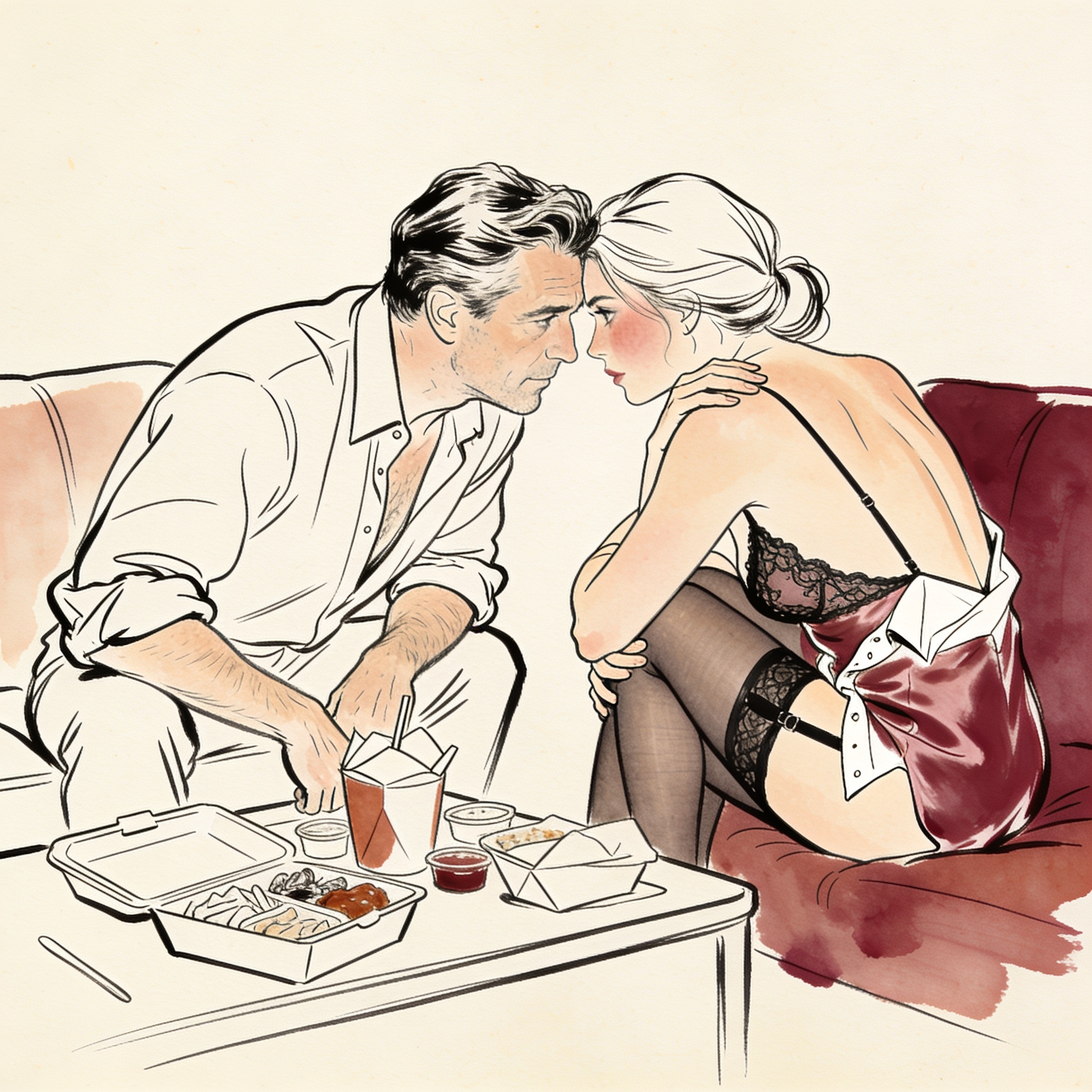 A man and woman share a tense, intimate gaze across a couch in a softly lit living room.