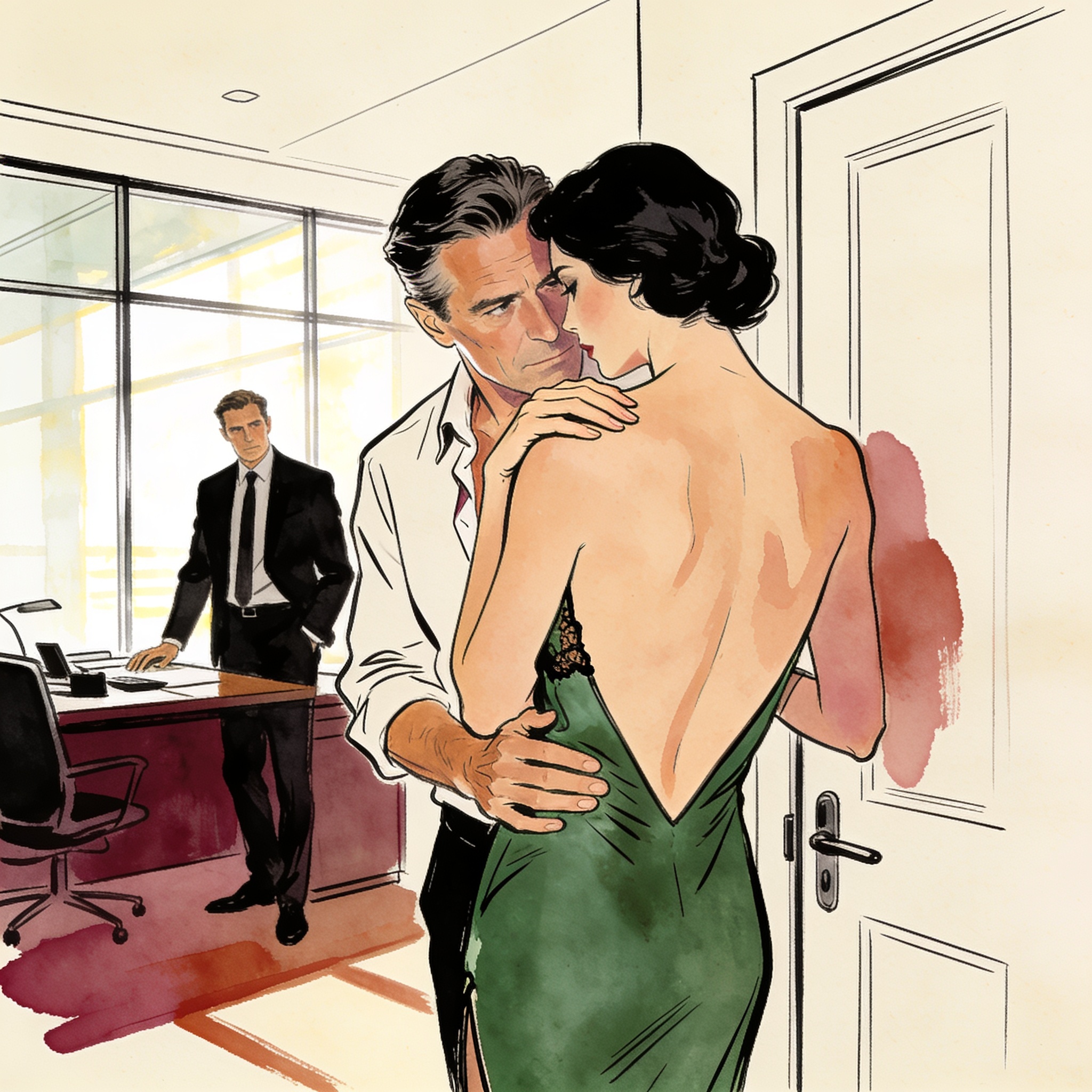 A man in a suit watches a woman in a backless dress, tense and silent.