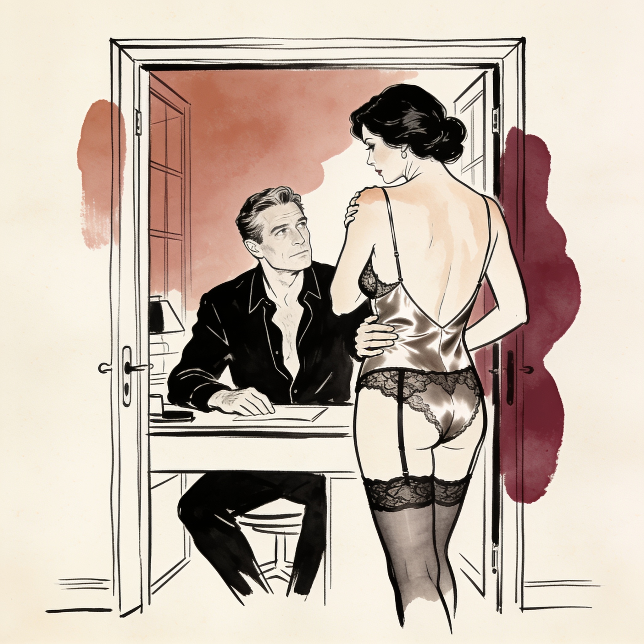 A woman in lingerie stands in a doorway, under a man's intense gaze in a luxurious office.