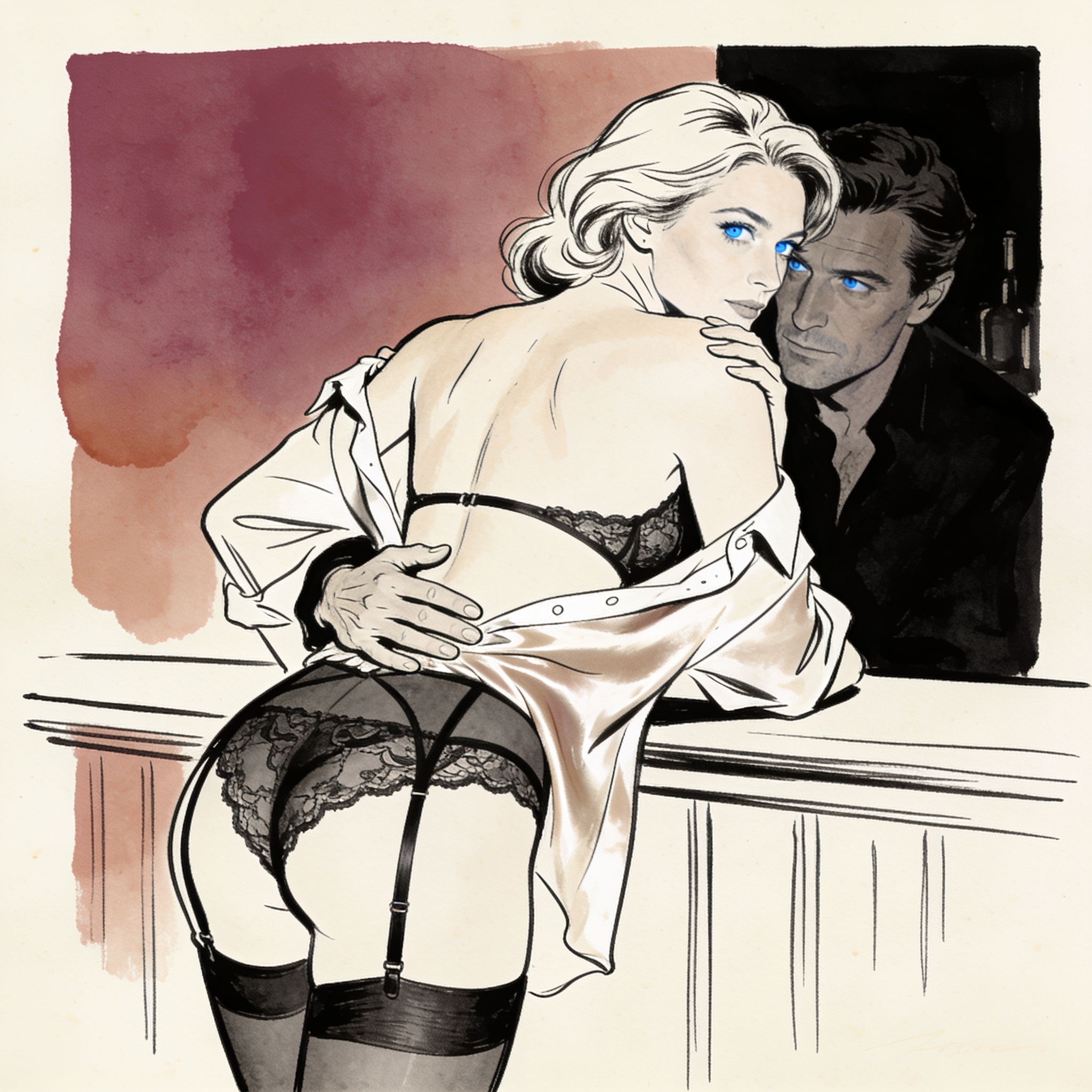 Woman in a dark bar arches her back, meeting a hidden man's gaze while another's hand r...