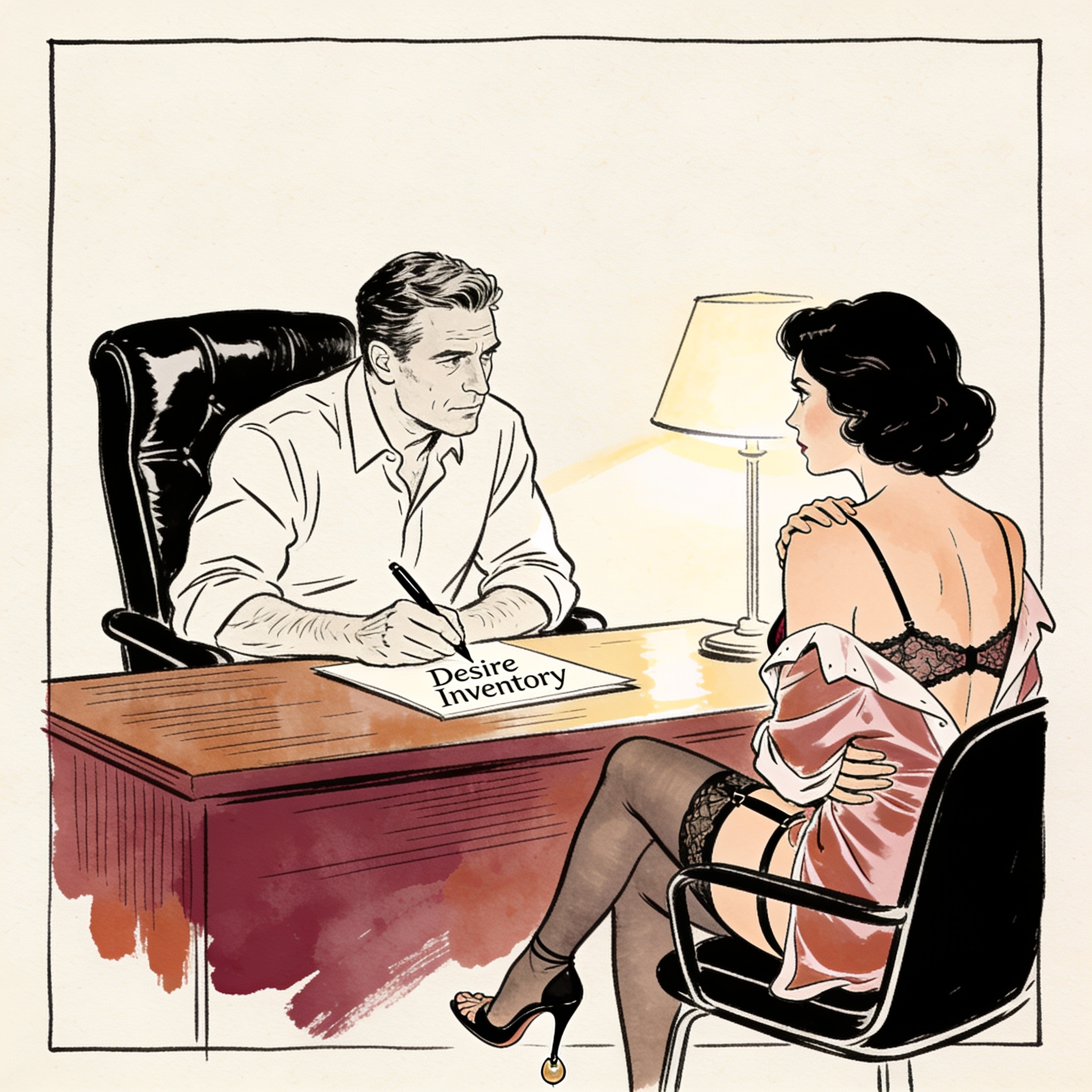 A man hesitates on a form while a woman watches, her foot dangling a high heel.