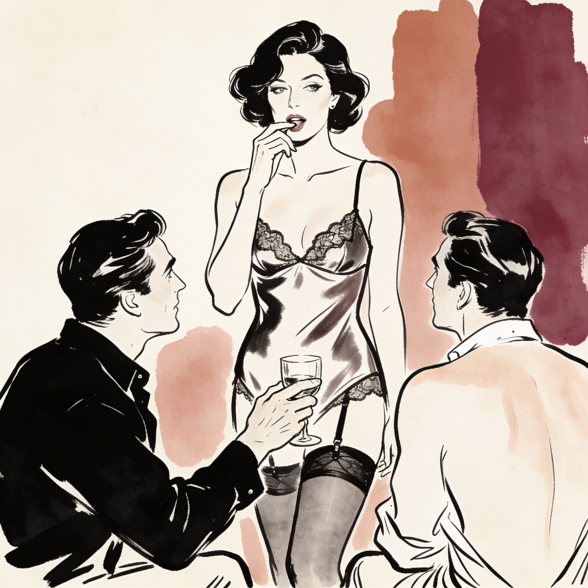 Woman frozen as man's hand touches hers, two men watching intently in dim room.