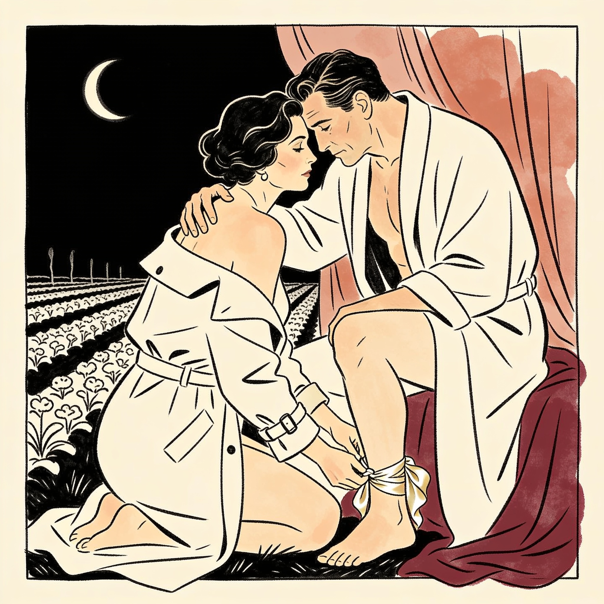 Woman kneeling in garden fastens ankle cuff on partner in robe, under moonlight.