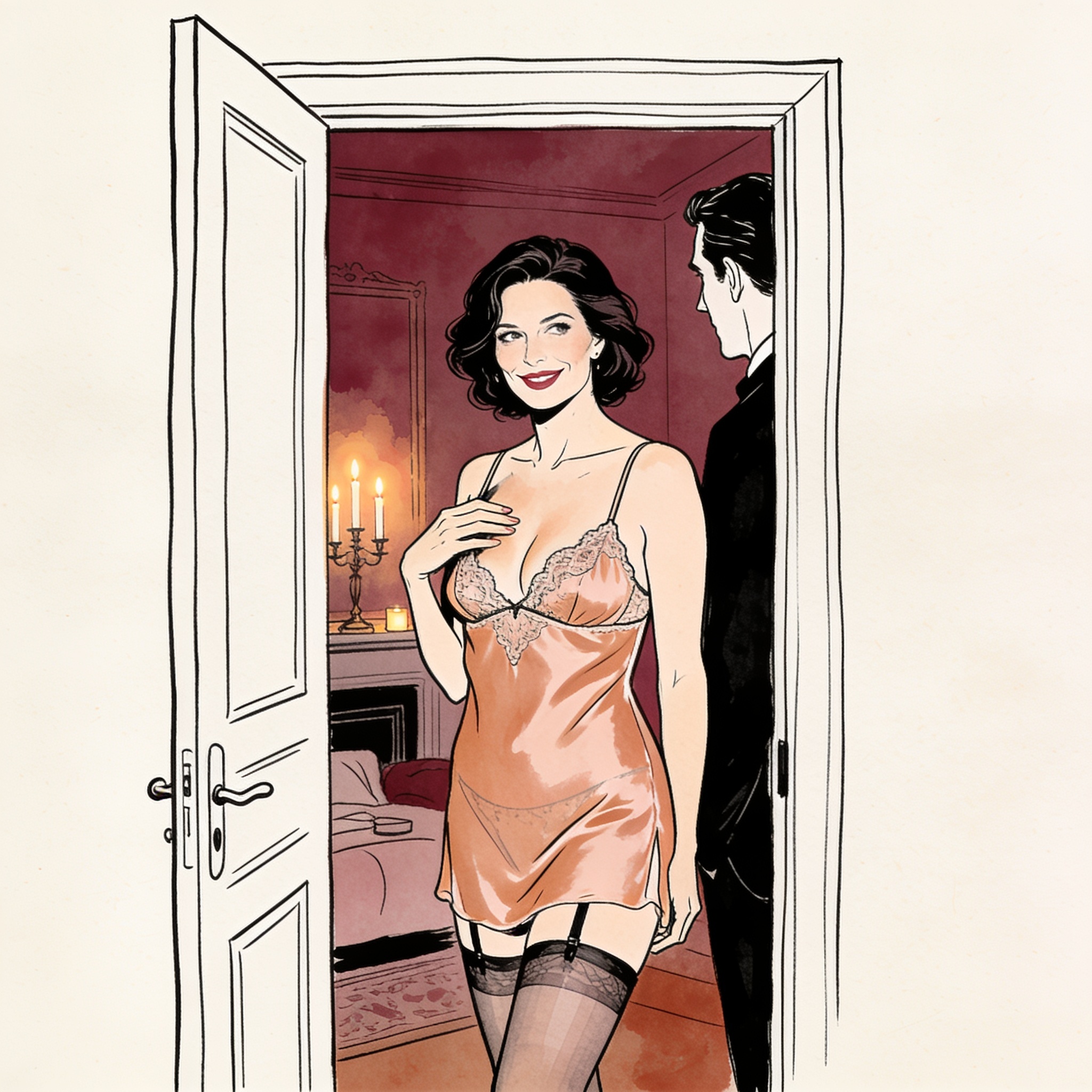 A woman in a silk slip touches her breast, looking across a candlelit room.