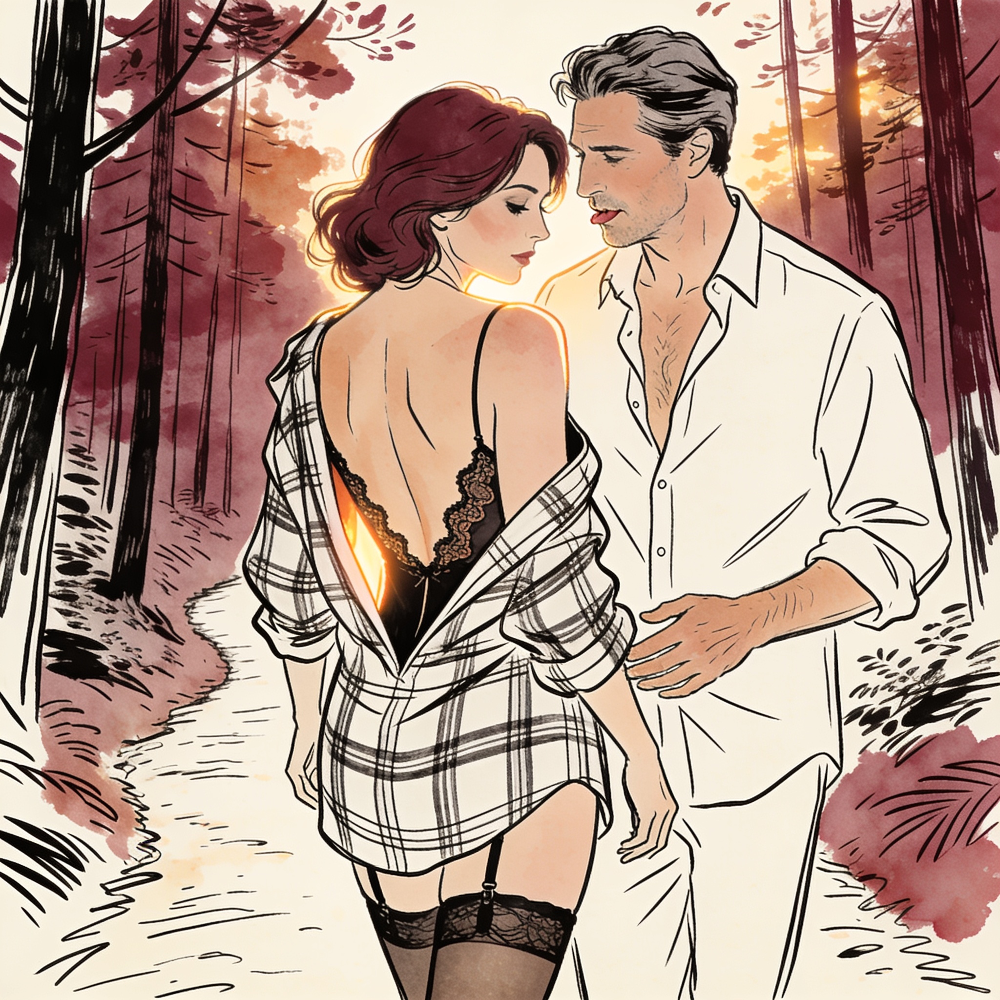 A couple in a pine forest, tension clear in their close proximity and intense gaze.